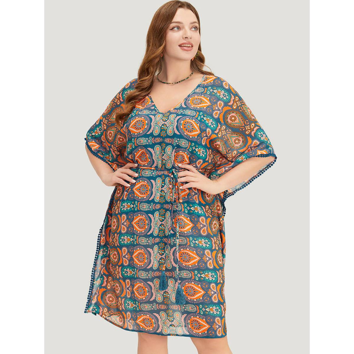 Plus Size Paisley Print Dolman Sleeve Tassels Pompom Trim Cover Up Women Multicolor Vacation See through Loose Belt Dailywear Kimonos BloomChic 10/M Product Image