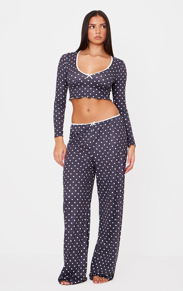 Black Polka Dot Print Long Sleeve Pj Top Product Image