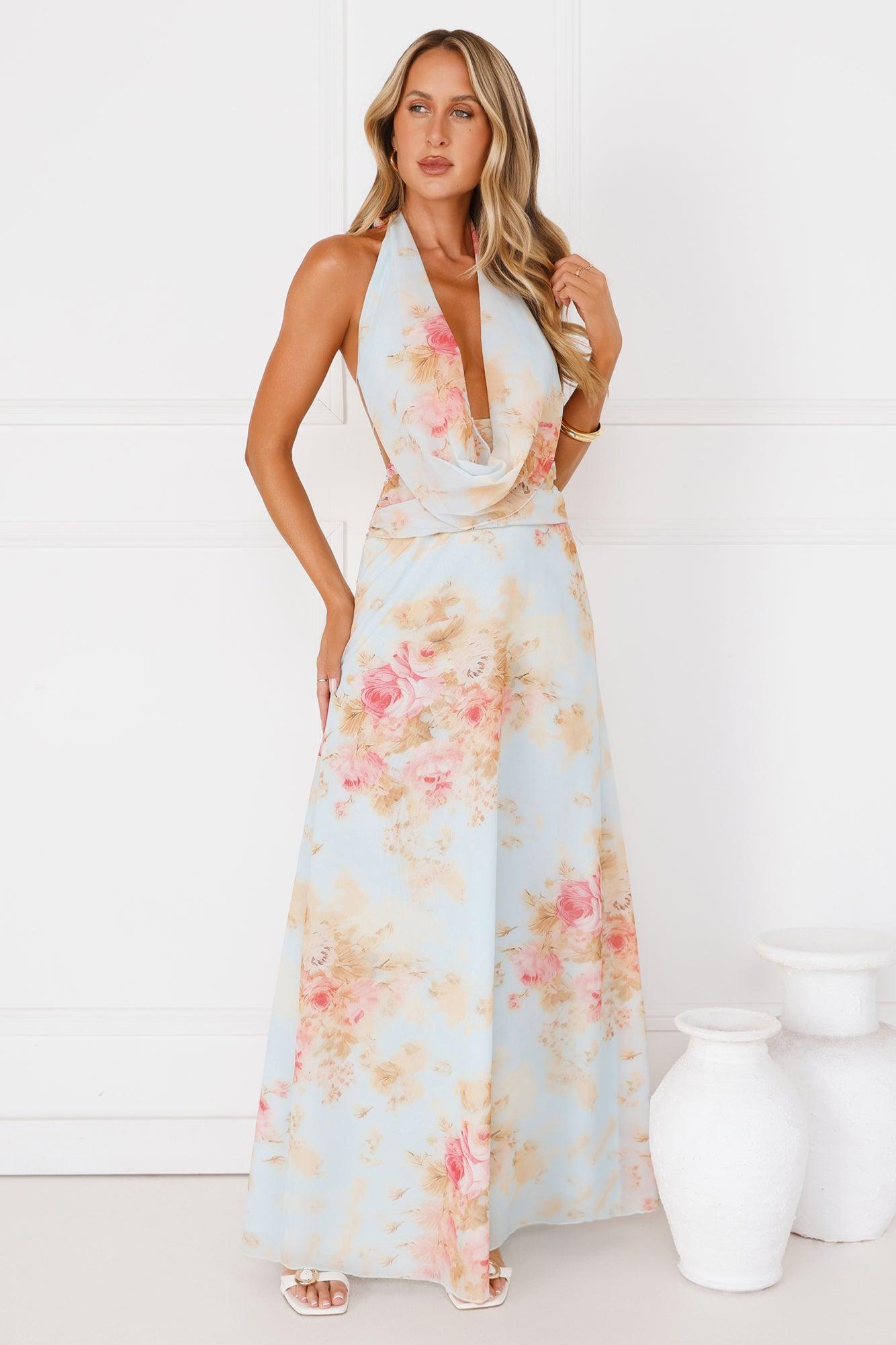 Dreamy Petals Halter Maxi Dress Blue Product Image