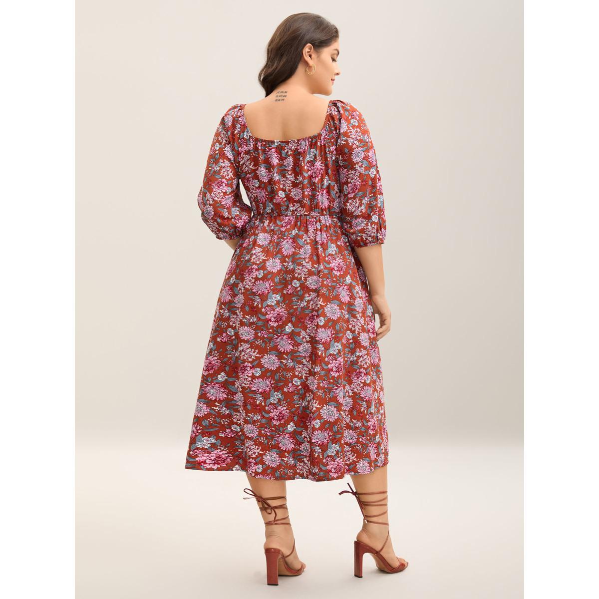Plus Size Flirty Floral Print Shirred Pockets Midi Dress Scarlet Women Elegant Square Neck Elbow-length sleeve Curvy BloomChic 18-20/2X Product Image