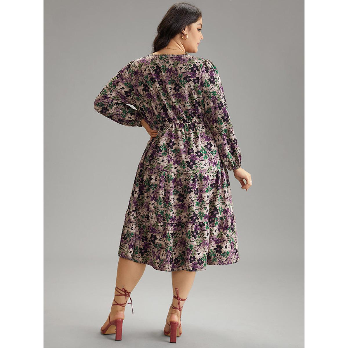 Plus Size Floral Gathered Ruffle Layered Hem Dress Mauve Women Elegant Elastic cuffs V-neck Long Sleeve Curvy Midi Dress BloomChic 28/5X Product Image