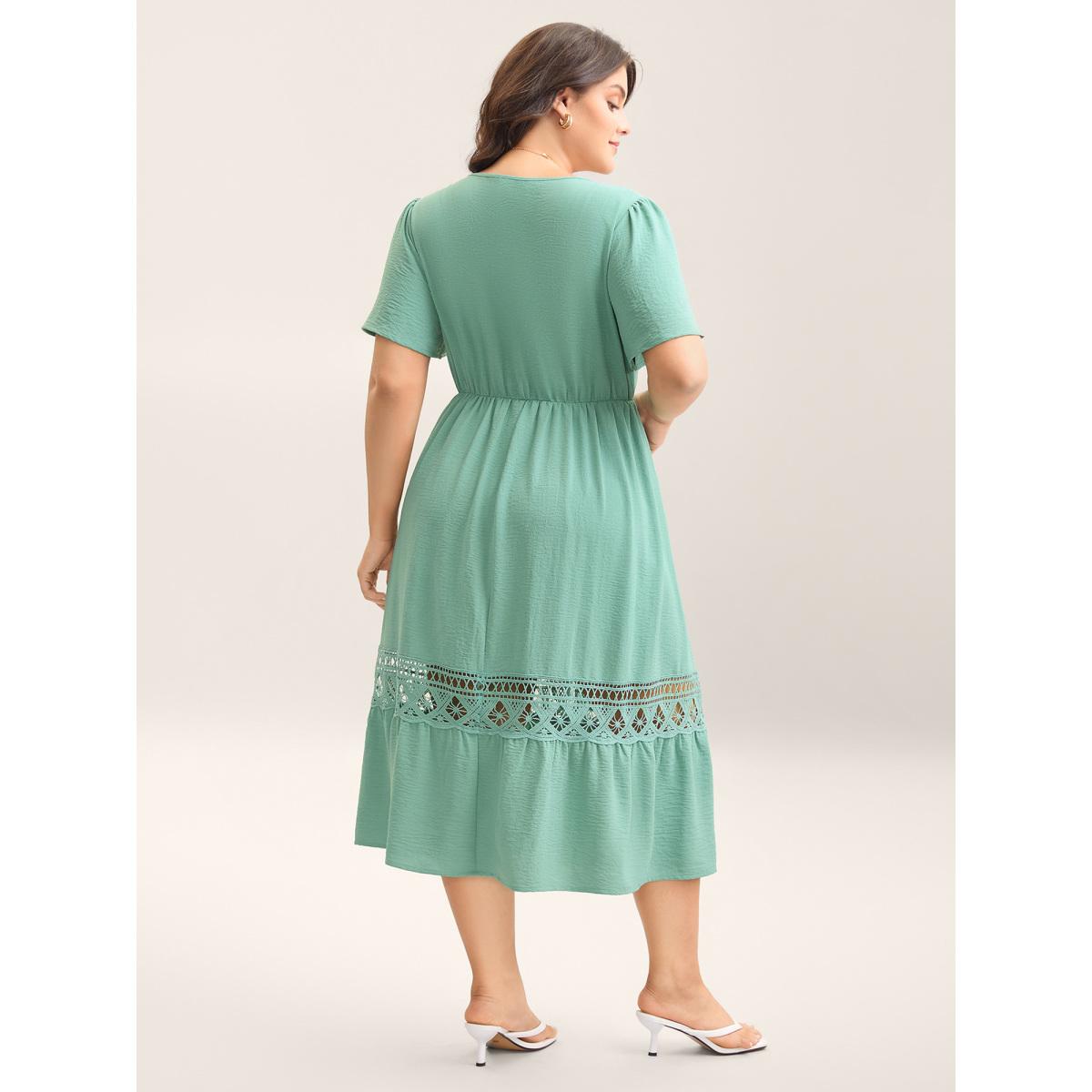 Plus Size Lace Cut-Out Lotus Leaf Sleeve Midi Dress Greenbean Women Elegant Woven ribbon&lace trim V-neck Sleeveless Curvy BloomChic 26/4X Product Image