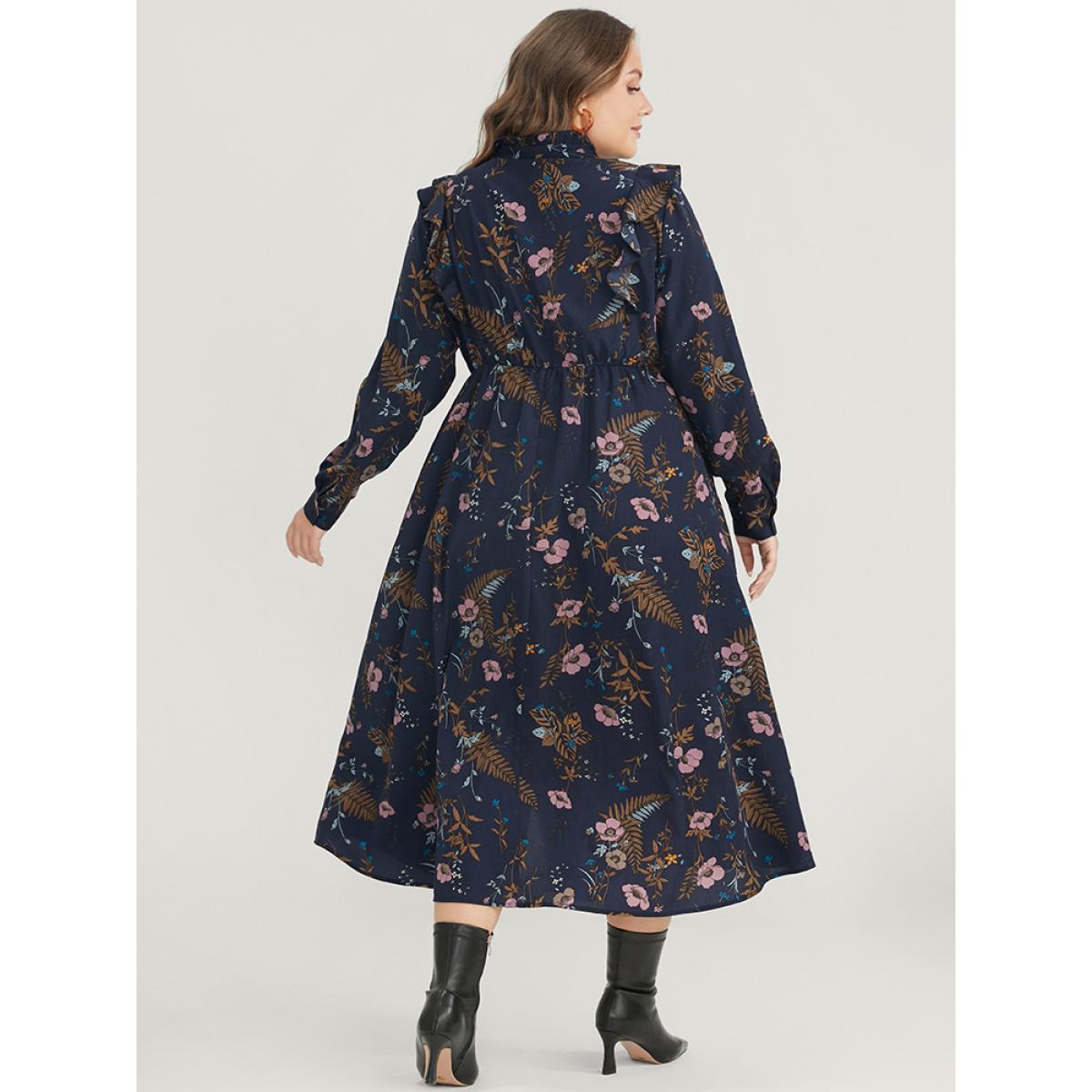 Plus Size Floral Pocket Knotted Neck Ruffle Trim Split Dress DarkBlue Women Elegant Knotted Tie Neck Long Sleeve Curvy Midi Dress BloomChic 18-20/2X Product Image