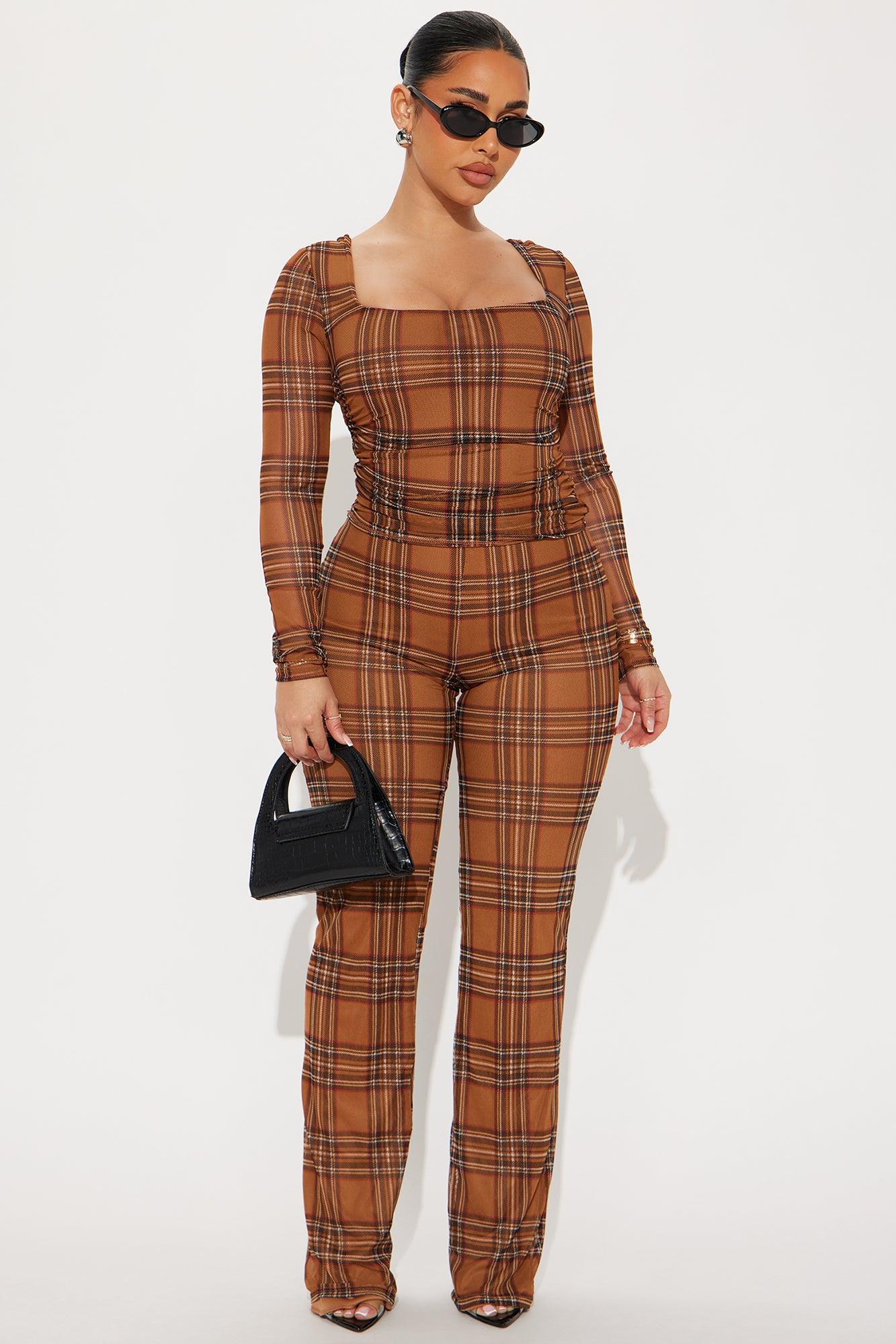 Clued In Plaid Jumpsuit - Brown/combo Product Image