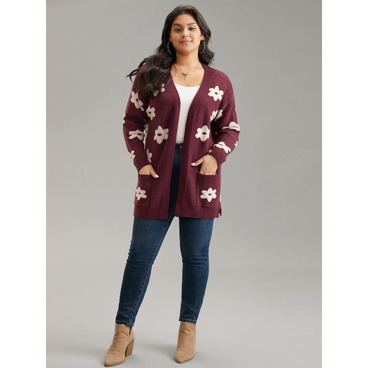 Plus Size Floral Two Tone Open Front Cardigan Burgundy Women Casual Loose Long Sleeve Dailywear Cardigans BloomChic 10/M Product Image