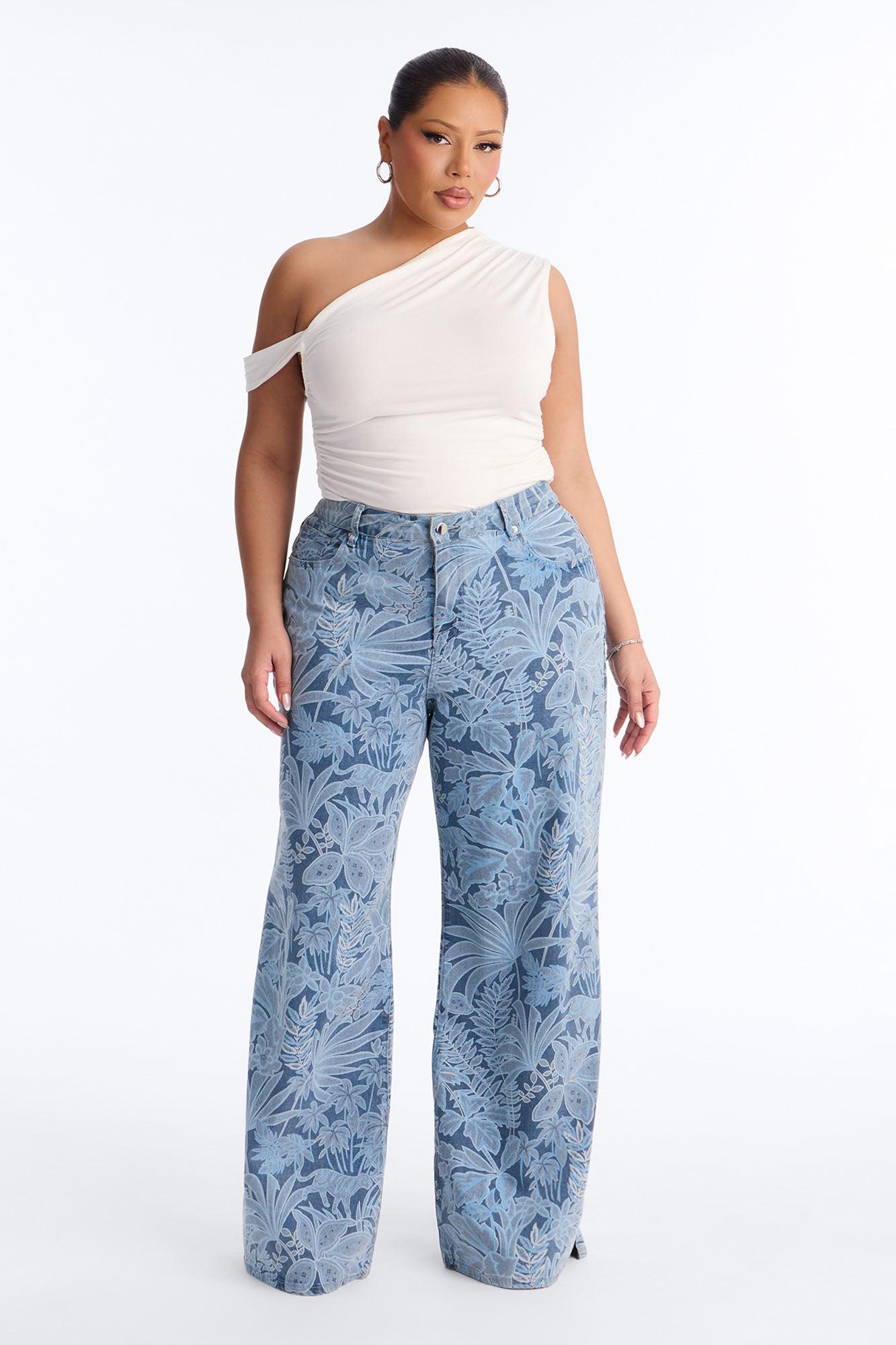 In The Tropics Printed Wide Leg Jeans - Medium Wash Female Product Image