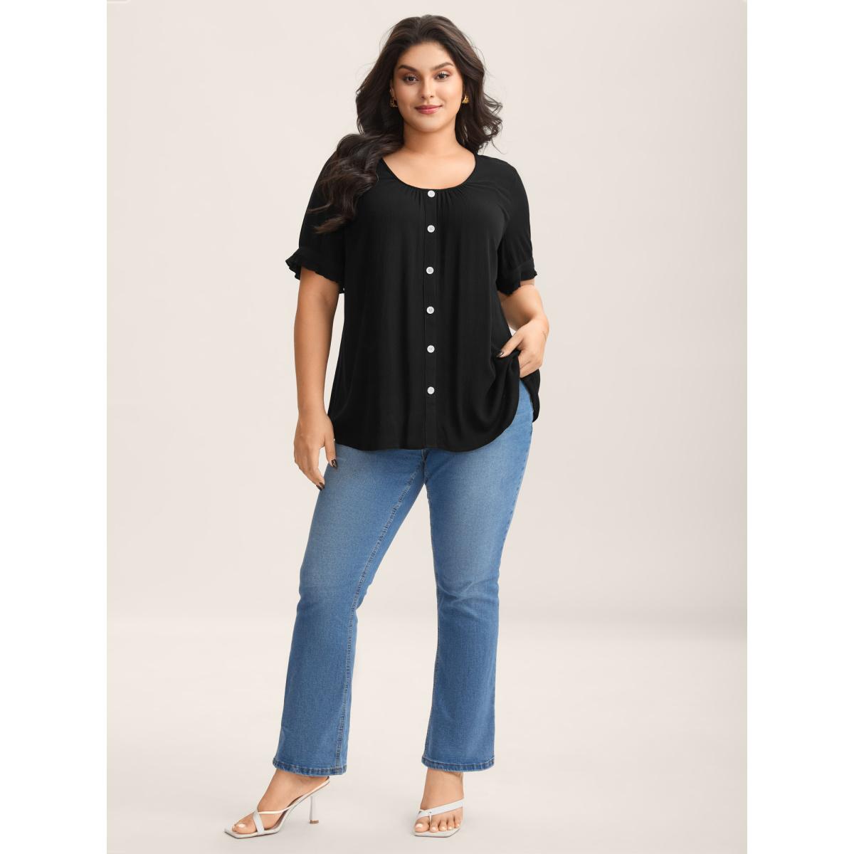 Plus Size Black Textured Button Detail Pleated Solid Top Women Leisure Short sleeve Round Neck Casual Blouses BloomChic 18-20/2X Product Image