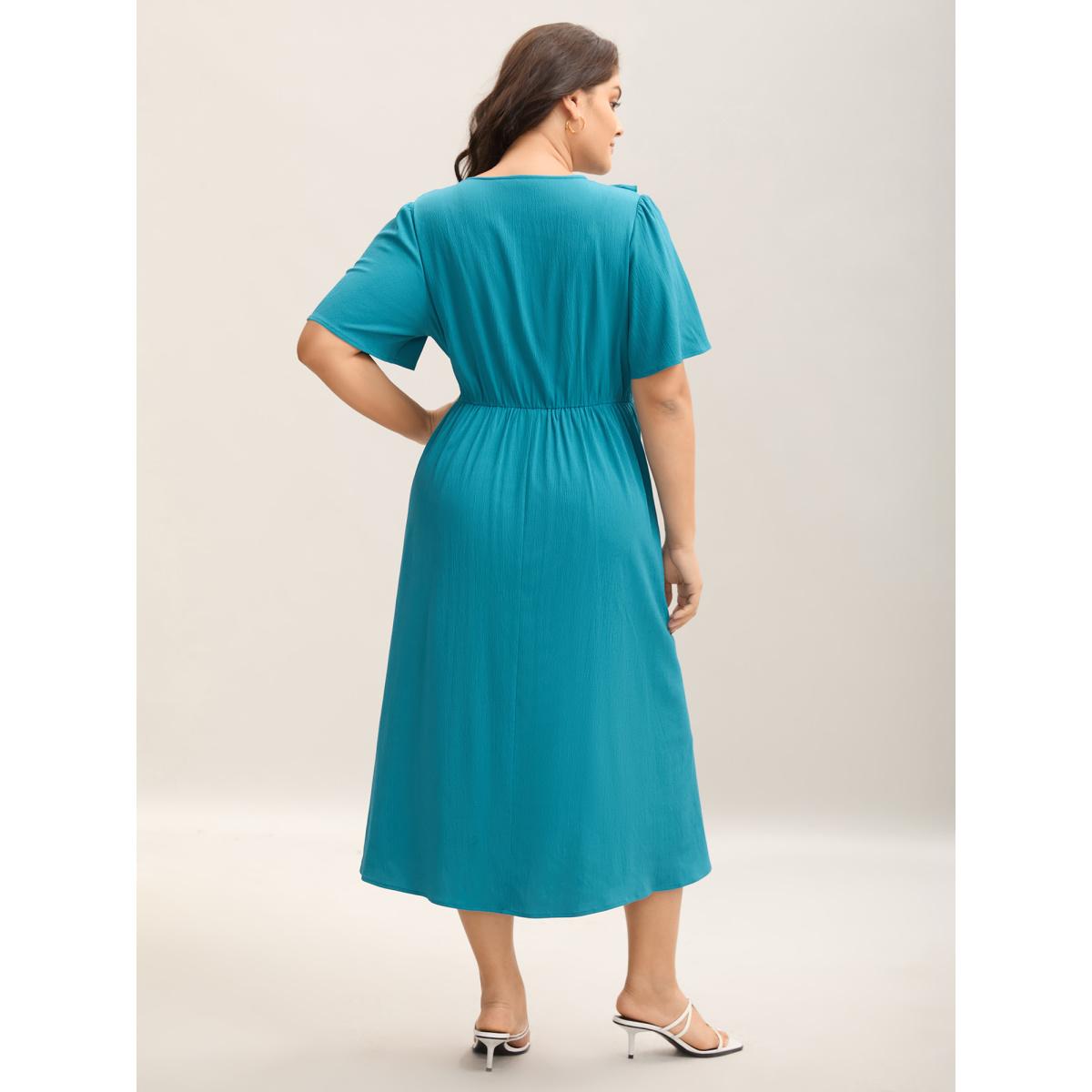 Plus Size Ruffled Lace Trim Pockets Plain Midi Dress Cerulean Women Overlap Collar Short sleeve Curvy BloomChic 26/4X Product Image