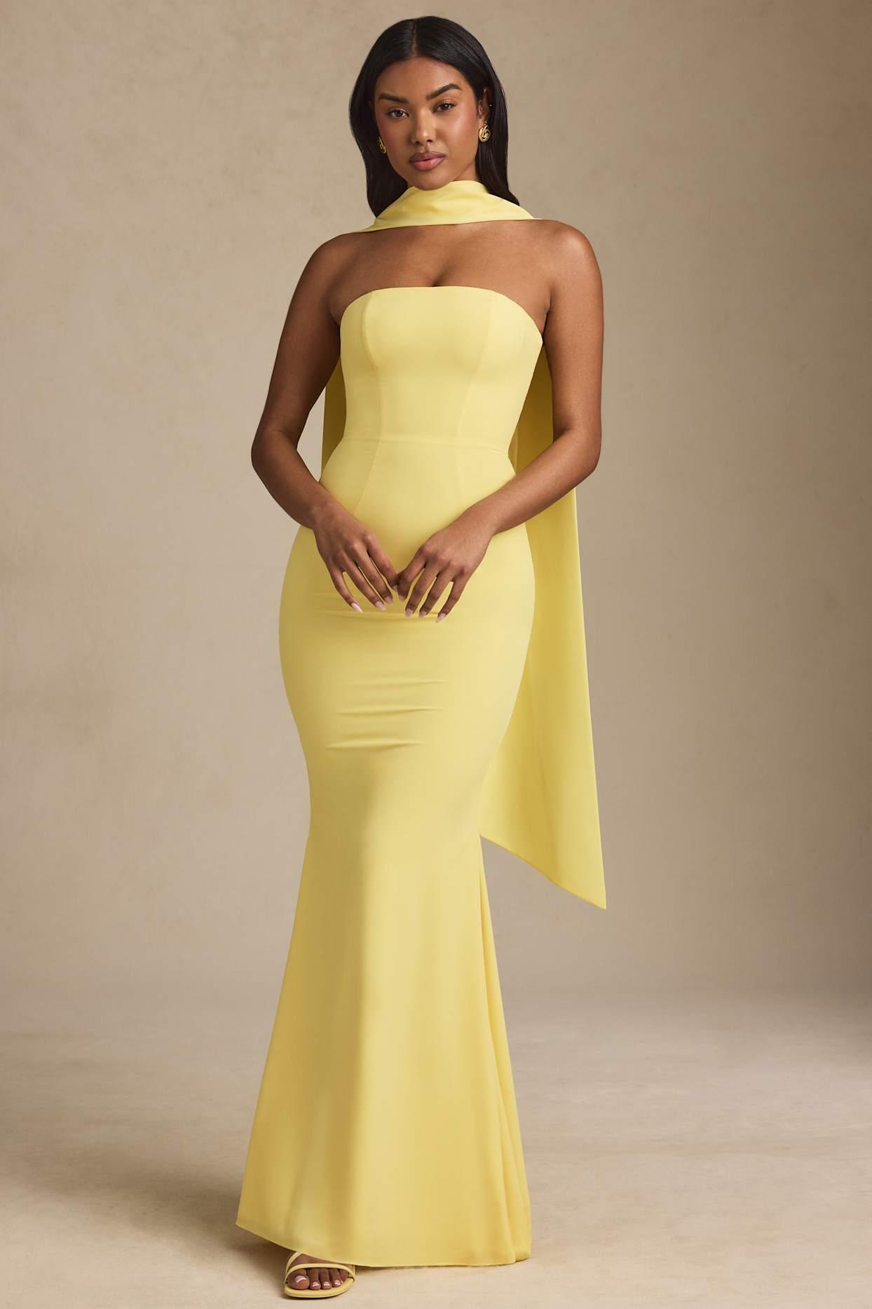 Scarf-Detail Strapless Gown in Pastel Yellow Product Image