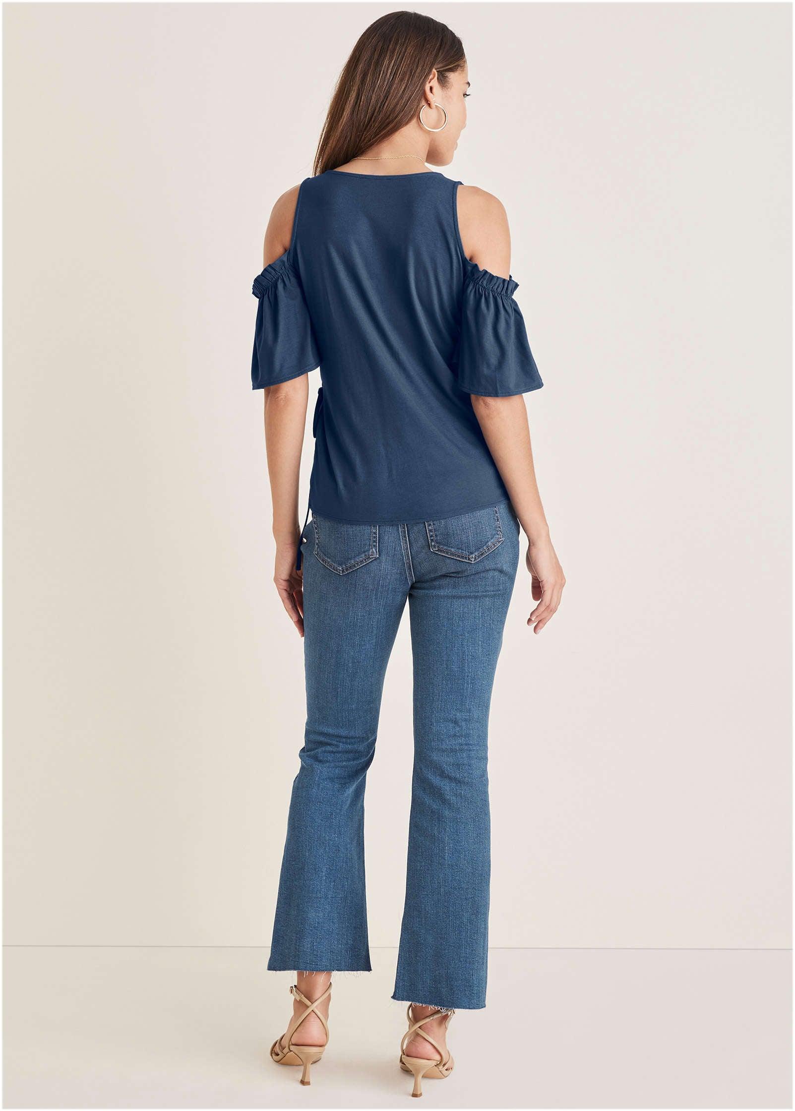 Cold Shoulder Wrap Blouse - Navy Product Image