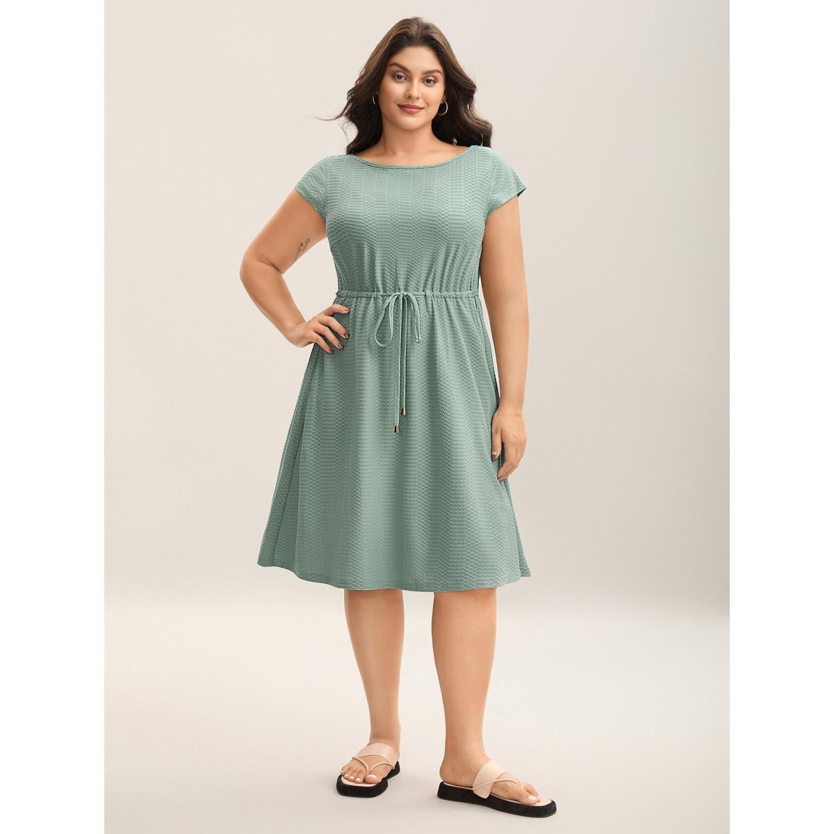 Plus Size Textured Waist-Tie Knit Midi Dress Sage Women Leisure Drawstring Knit Dresses Bloomchic 26/4X Product Image