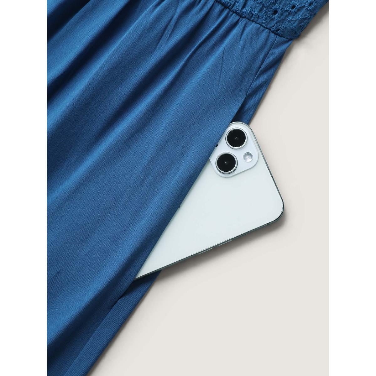 Plus Size Rayon Lace Pleated Tiered Midi Dress Mediumblue Women Boho Square Neck Short sleeve Curvy BloomChic 18-20/2X Product Image