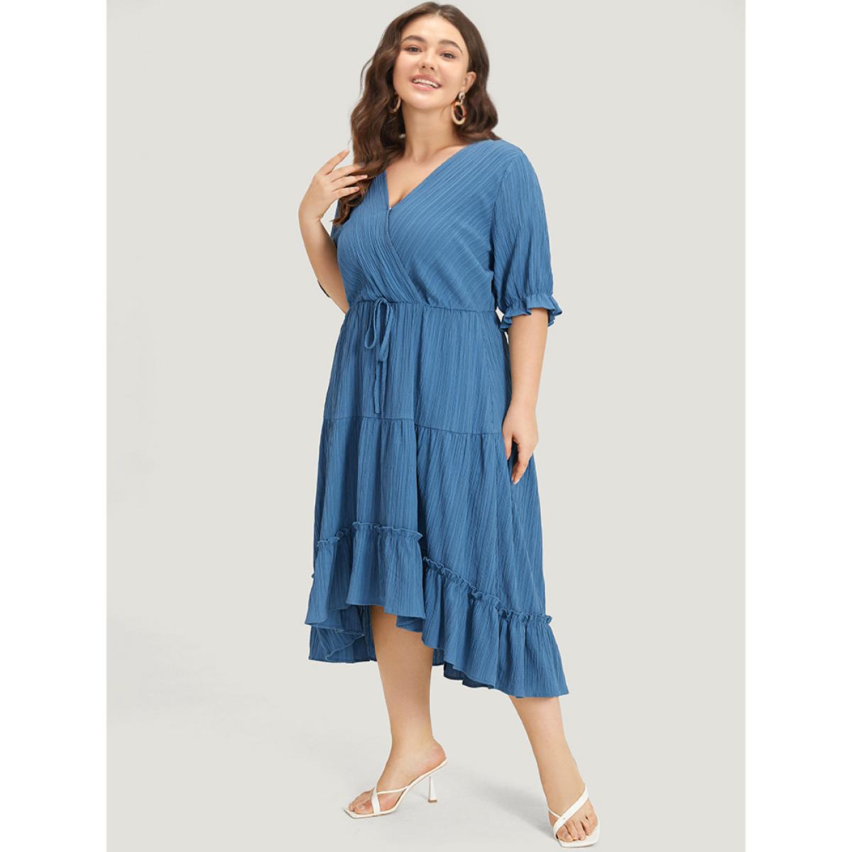 Plus Size Solid Textured Pocket Overlap Collar Flutter Trim Dress Stone Women Elegant Texture V-neck Half Sleeve Curvy Midi Dress BloomChic 12/L Product Image