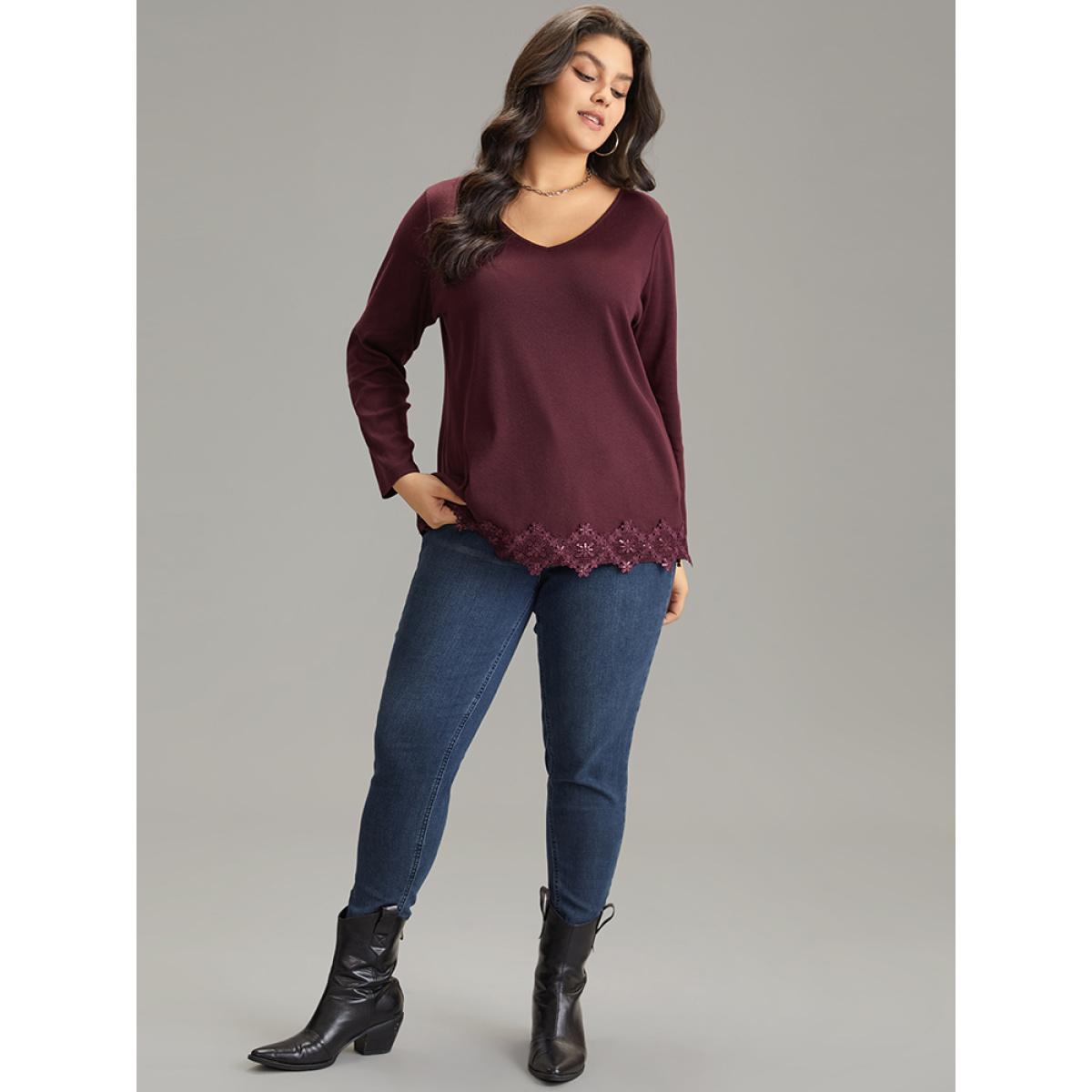 Plus Size Lace Panel Hem Long Sleeve T-shirt Maroon Women Elegant Plain Plain V-neck Dailywear T-shirts BloomChic 18-20/2X Product Image