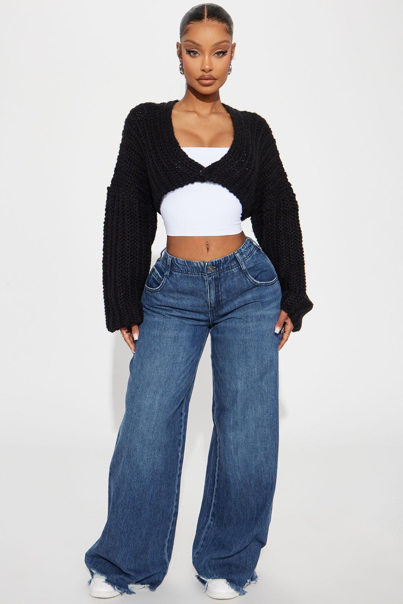 Dream State Chunky Knit Cropped Cardigan Sweater - Black Product Image
