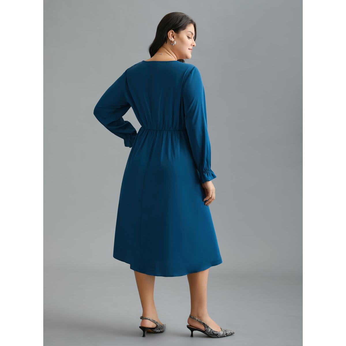 Plus Size Ruffle Cuff Elastic Waist Split Hem Dress Aegean Women At the Office Pleated Round Neck Long Sleeve Curvy BloomChic 18-20/2X Product Image