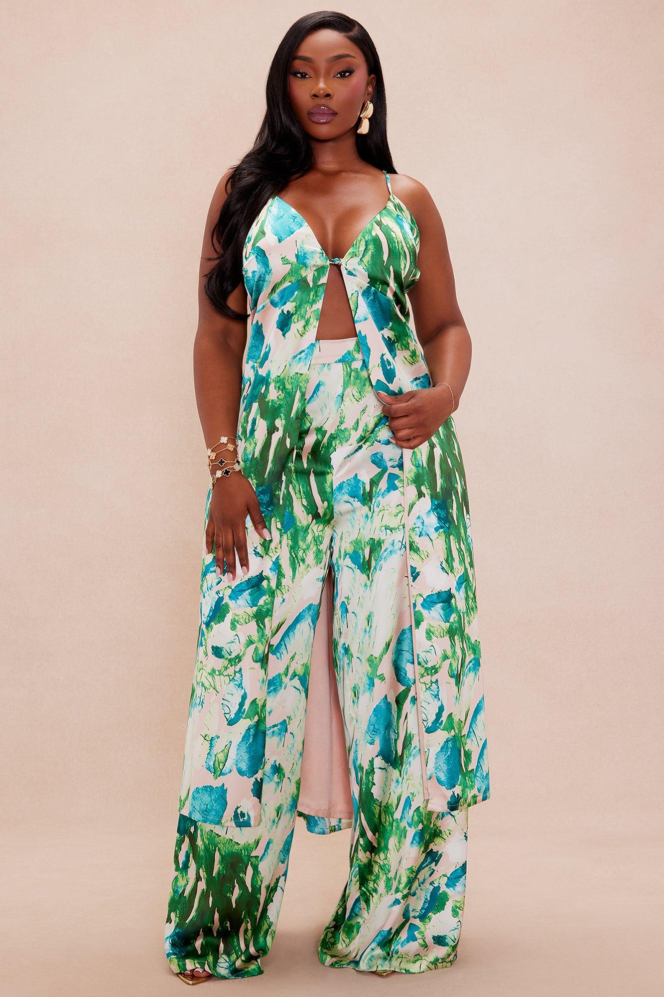 Aria Flyaway Satin Pant Set - Turquoise/combo Product Image