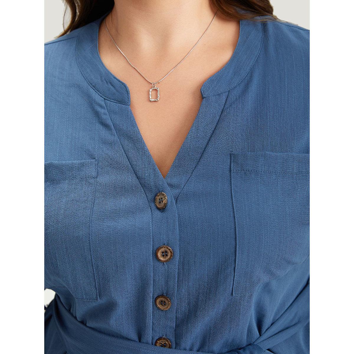 Plus Size Stone Anti-Wrinkle Solid Patched Pocket Notched Button Up Belt Romper Women Office Short sleeve Notched collar Office Loose Jumpsuits BloomChic 18-20/2X Product Image