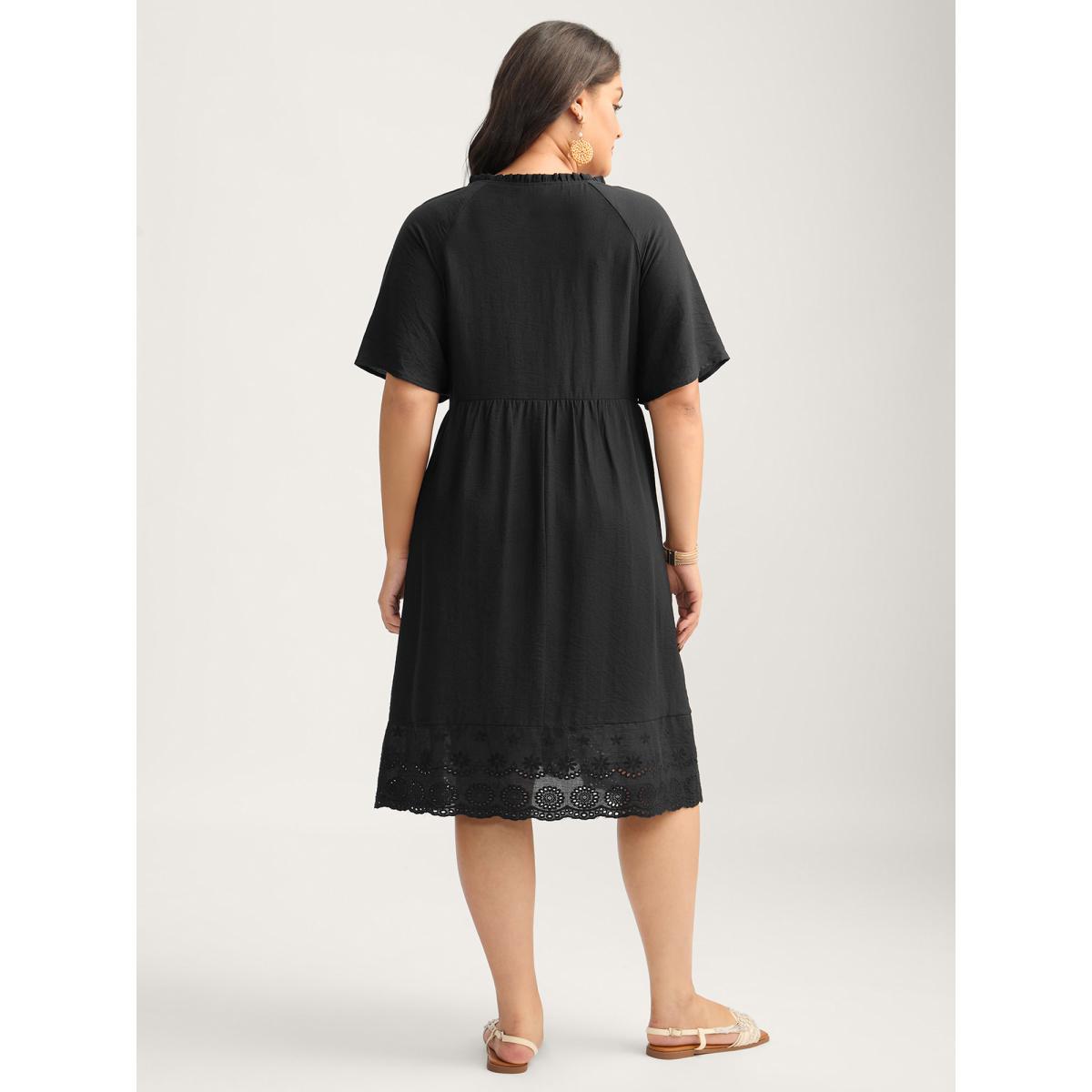 Plus Size Eyelet Hem Ruffled Neck Midi Dress Black Women Notched collar Short sleeve Curvy BloomChic 30/6X Product Image