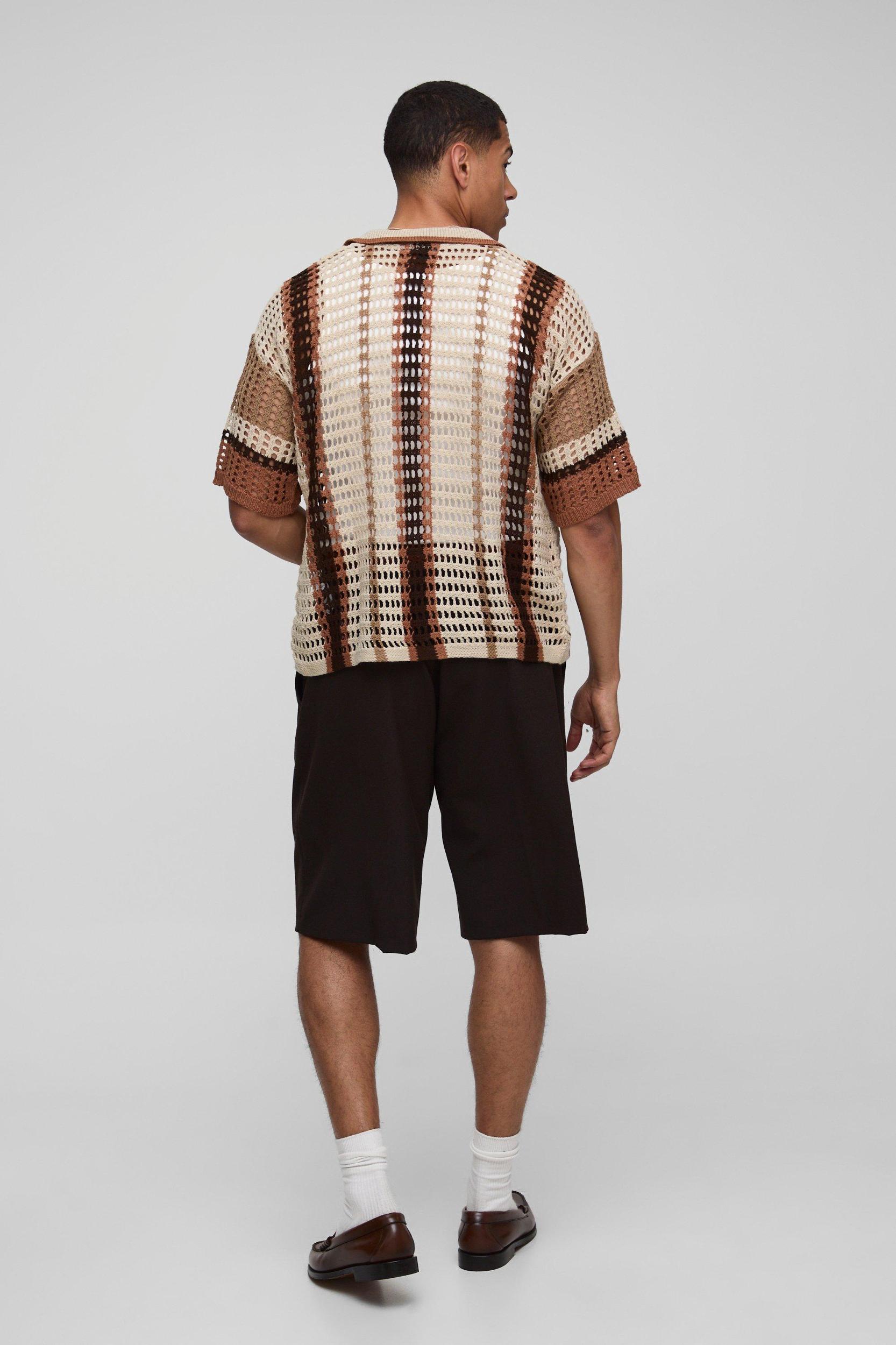 Regular Fit Revere Stripe Open Stitch Knitted Shirt | boohooMAN USA Product Image