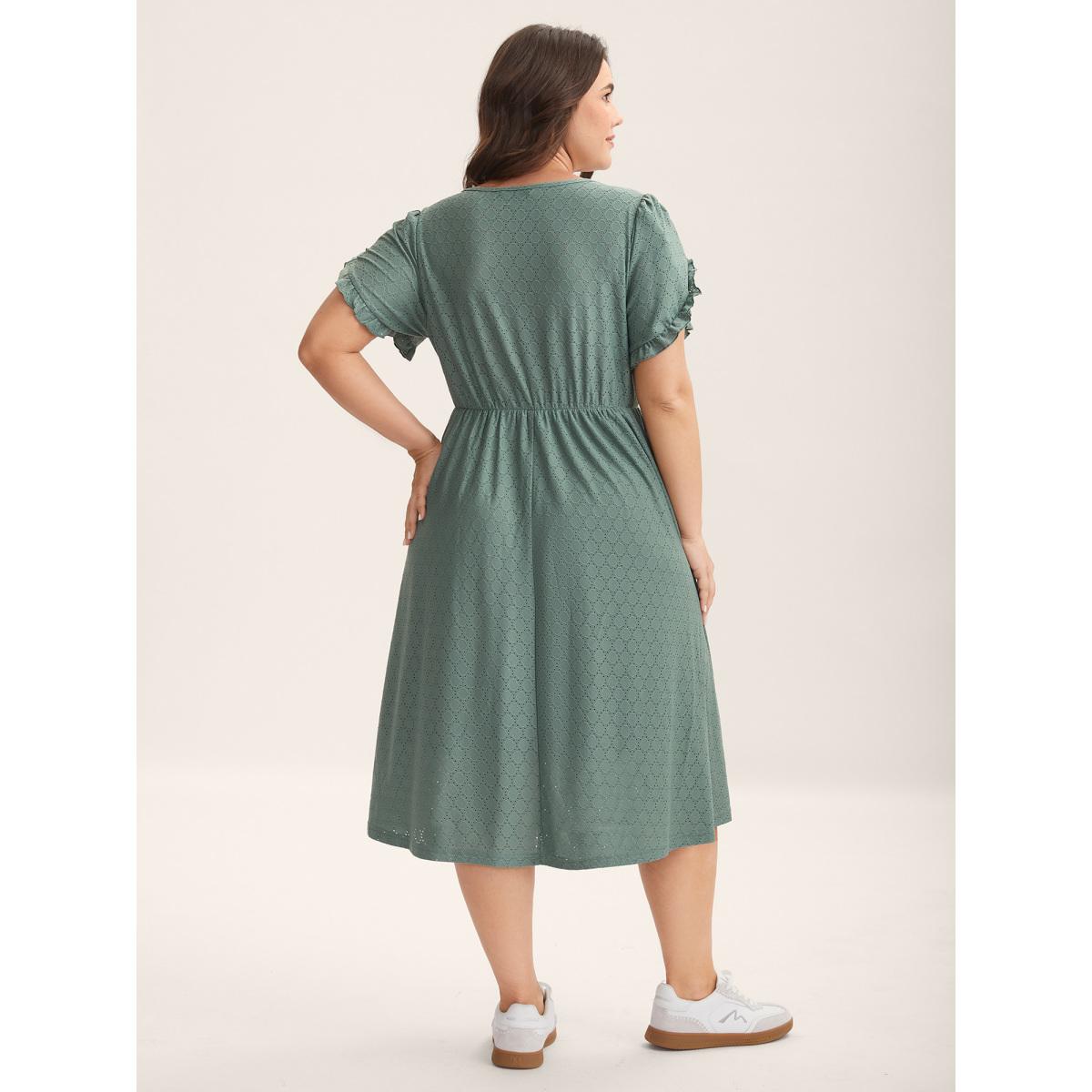 Plus Size Textured Petal Sleeve Pockets Midi Dress DarkGreen Women Leisure Knit Dresses Bloomchic 30/6X Product Image