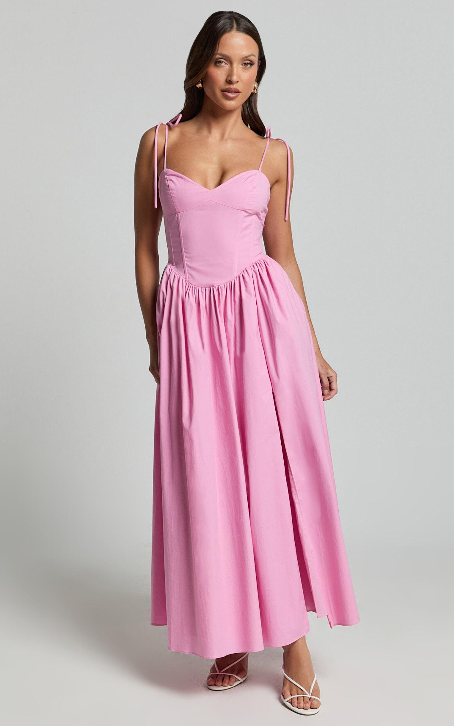 Holly Midi Dress - Corset Lace Up Dress with Split in Musk Pink Product Image