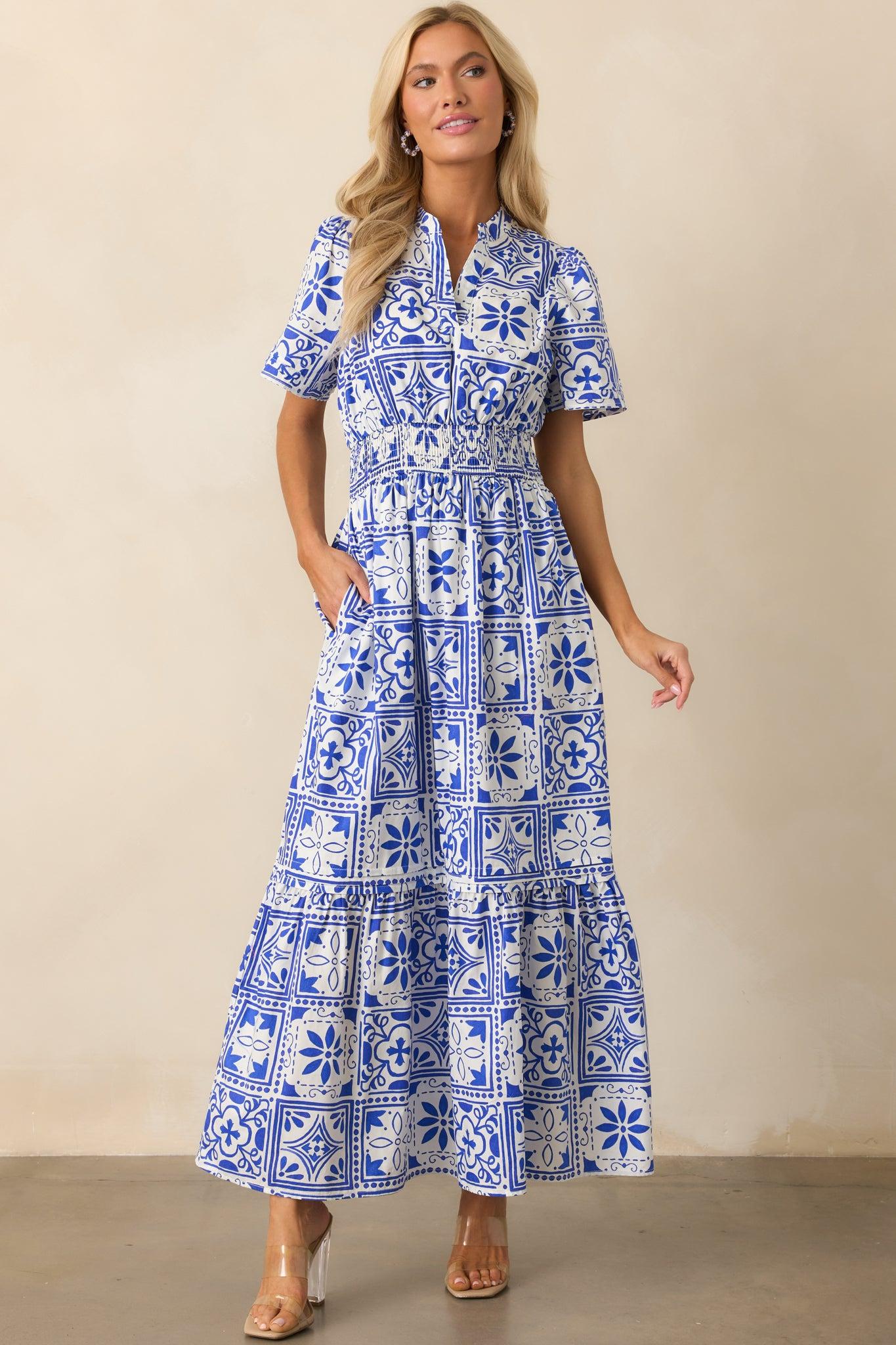 Serene Whispers Blue Sicilian Tile Print Cotton Maxi Dress Product Image