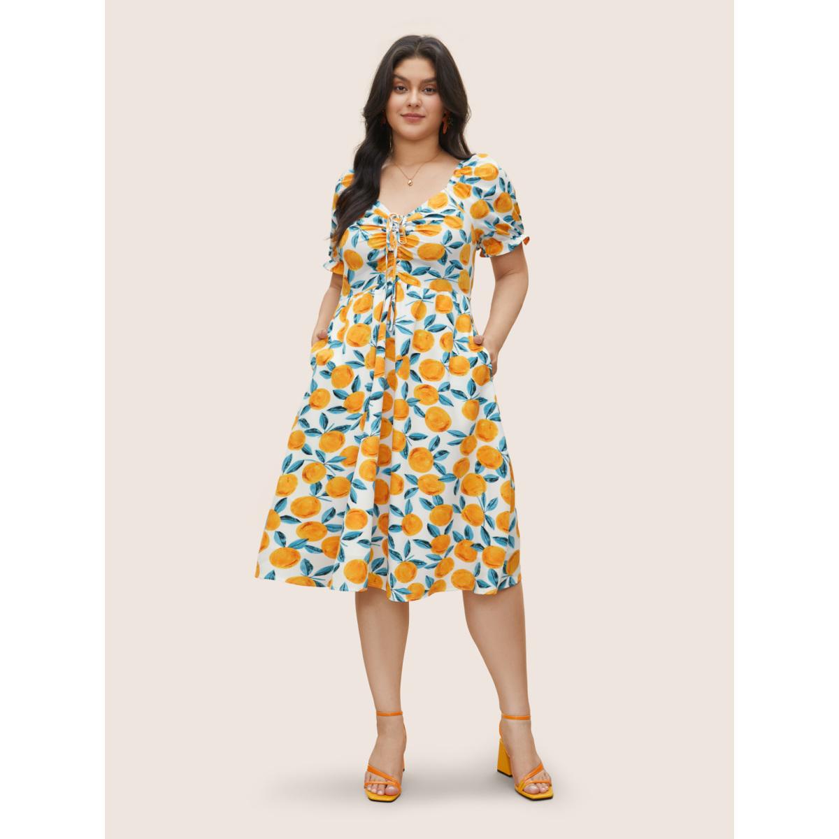 Plus Size Fruits Print Drawstring Ruched Lantern Sleeve Dress Ivory Women Elegant Gathered Tie Neck Short sleeve Curvy Midi Dress BloomChic 10/M Product Image