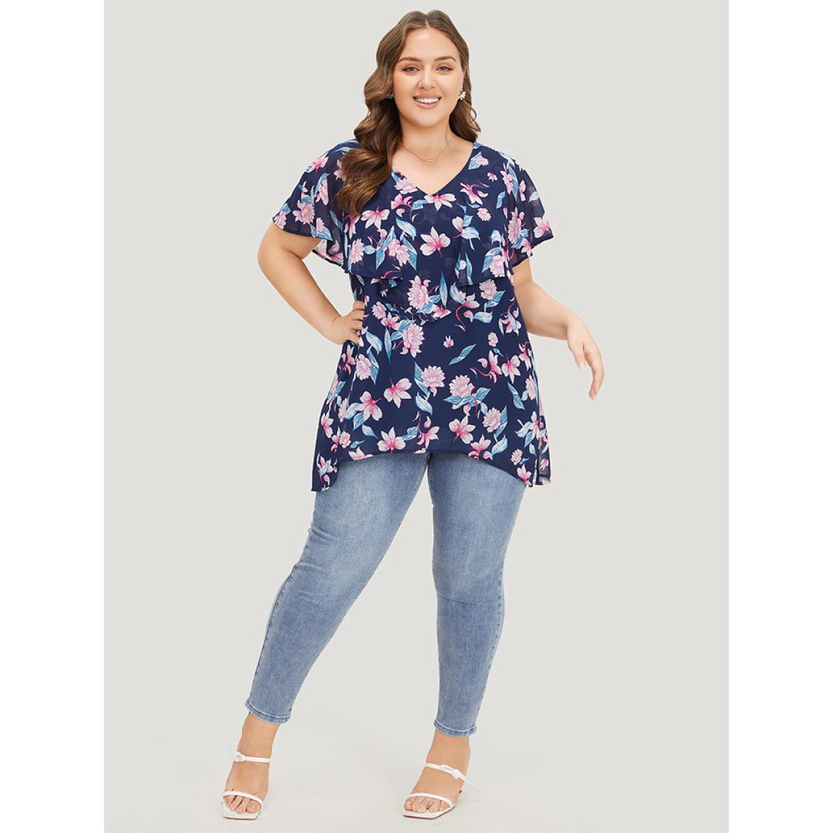 Plus Size Indigo Floral Print Ruffle Trim Asymmetrical Hem Blouse Women Elegant Short sleeve Round Neck Dailywear Blouses BloomChic 10/M Product Image