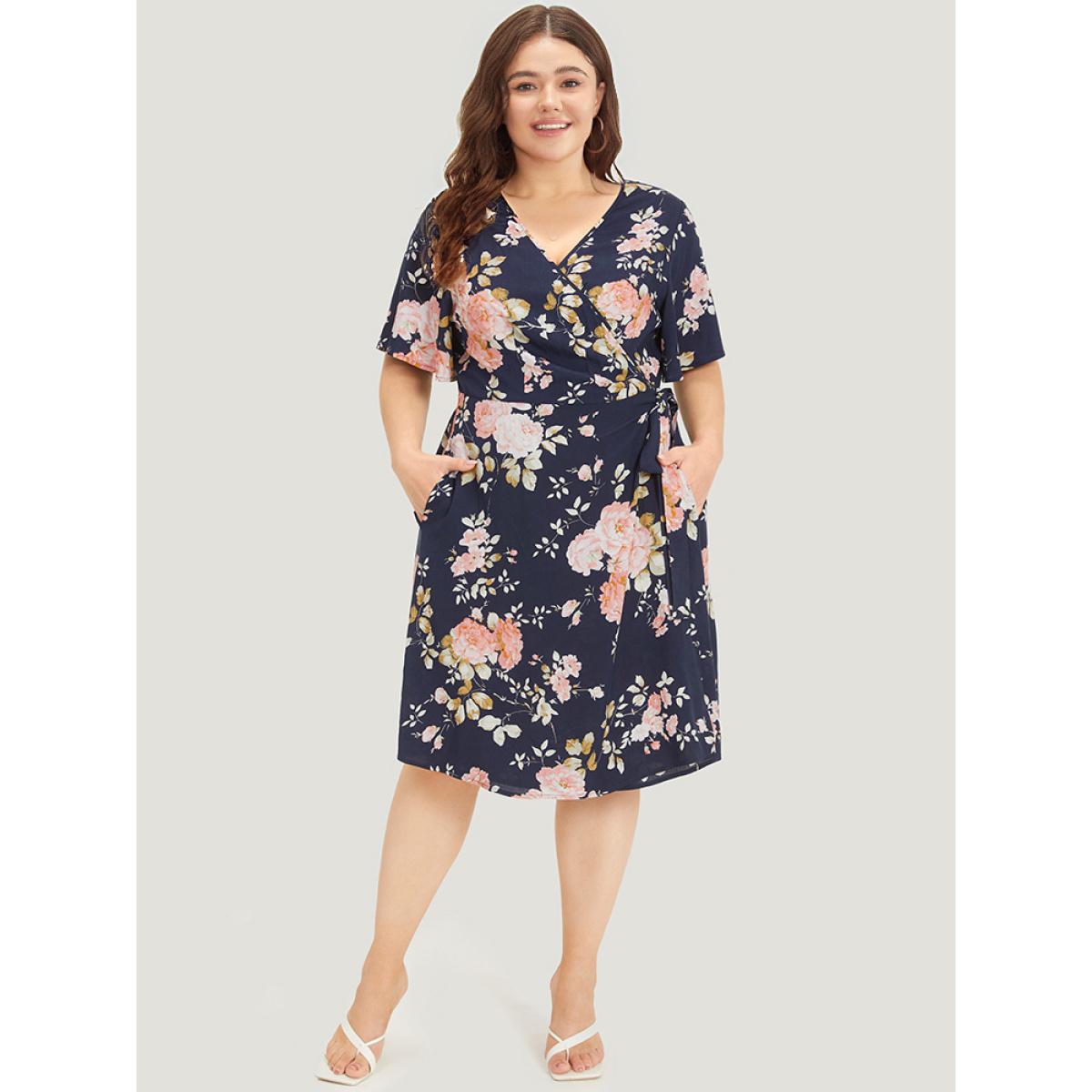 Plus Size Floral Print Pocket Knot Ruffle Sleeve Wrap Dress DarkBlue Women Elegant Wrap V-neck Half Sleeve Curvy Knee Dress BloomChic 30/6X Product Image