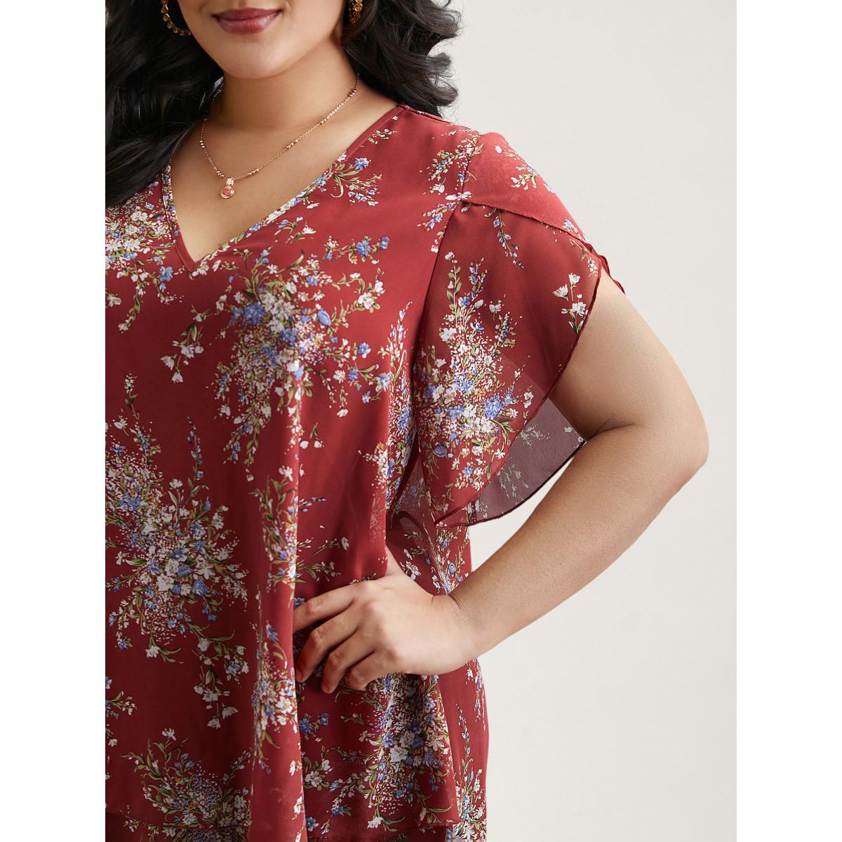 Plus Size Scarlet Floral Print Petal Sleeve Layered Blouse Women Romantic Half Sleeve V-neck Elegant Blouses BloomChic 28/5X Product Image