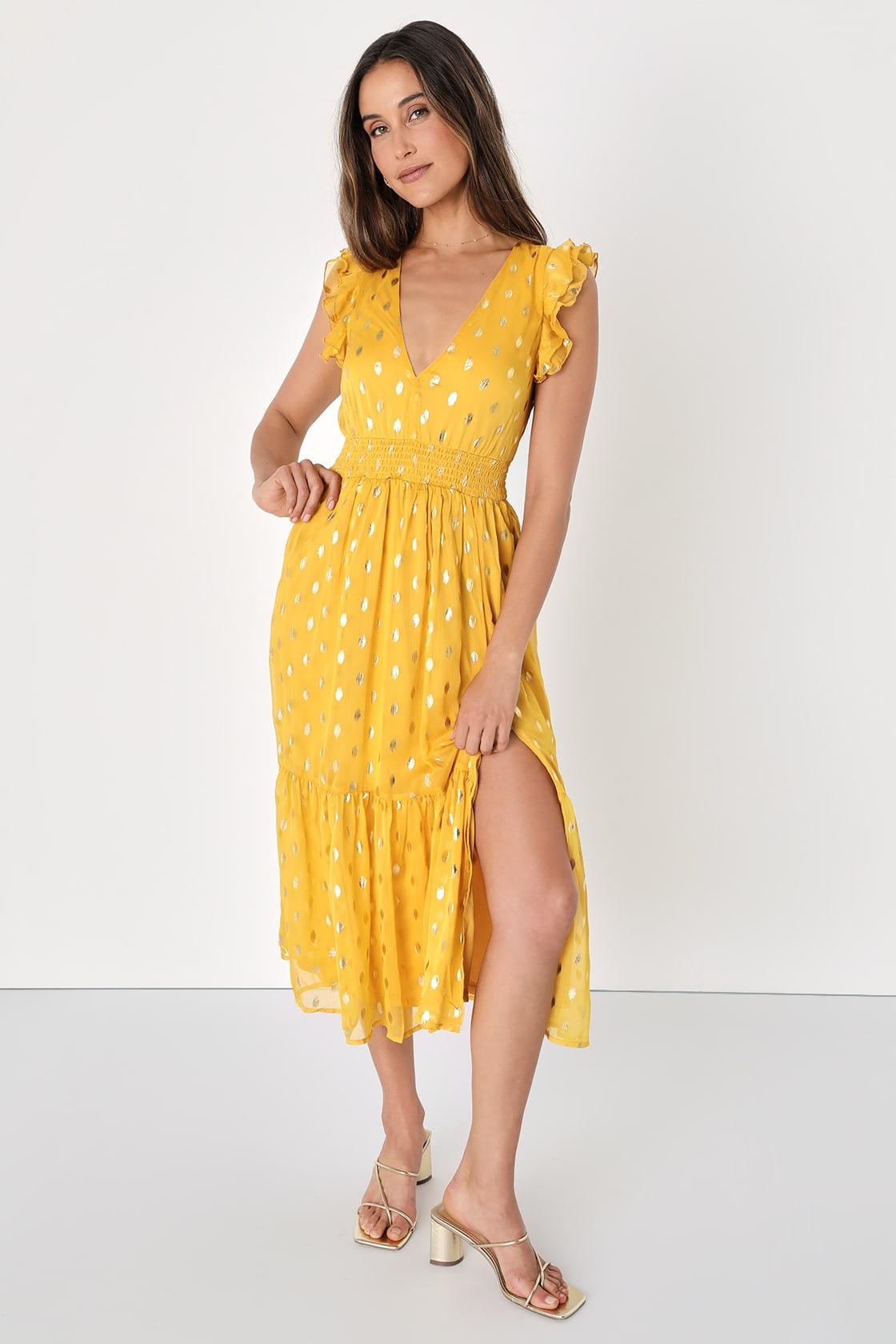 Cause to Celebrate Yellow and Gold Dot Ruffled Tiered Midi Dress Product Image