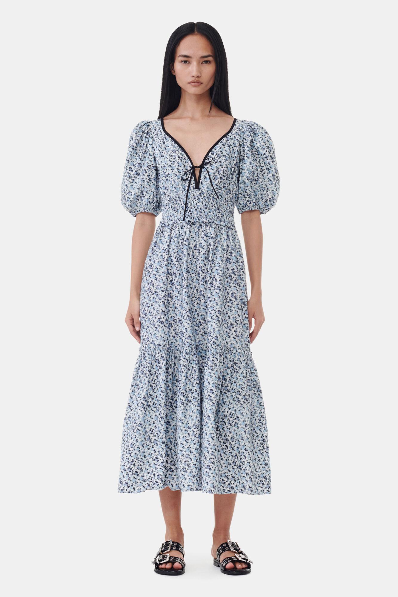 Blue Floral Printed Cotton Long Smock Dress Product Image