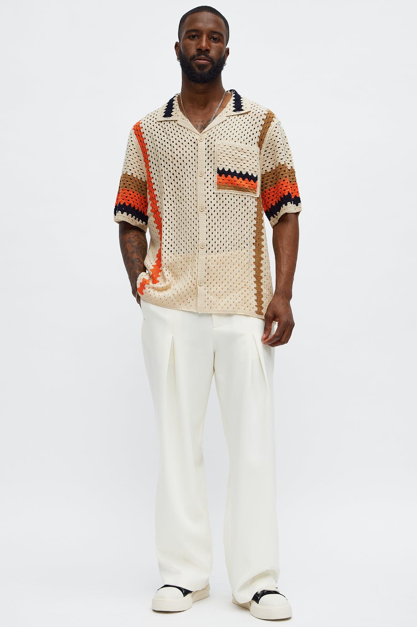 Resort Life Crochet Cuban Collar Shirt - Tan/Multi Male Product Image