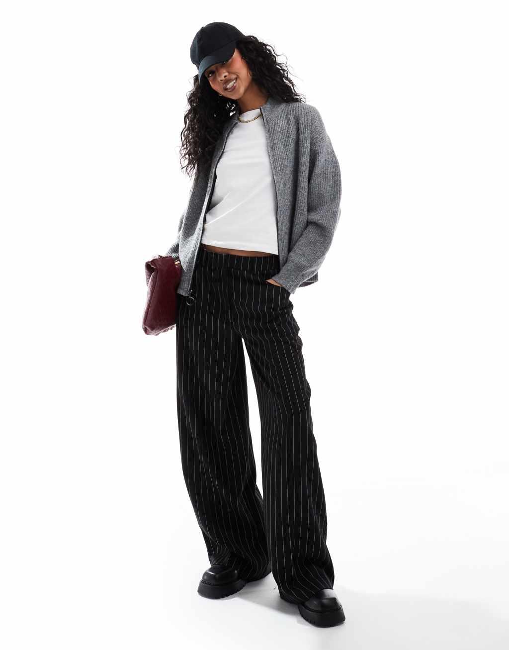 ONLY knitted zip through cardigan in dark gray melange Product Image