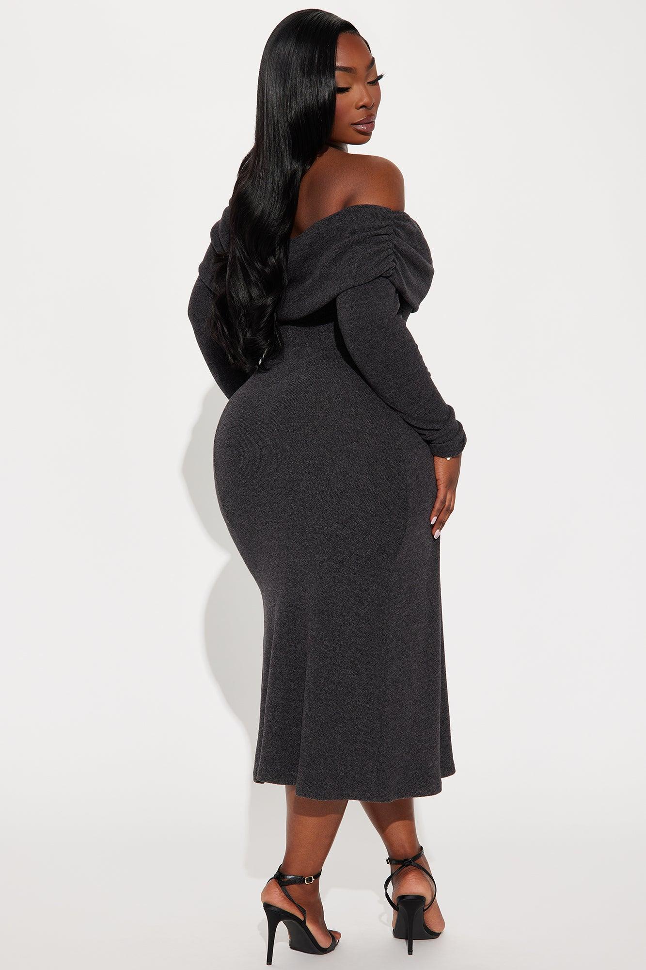 Tell Me More Off Shoulder Midi Dress - Black Product Image