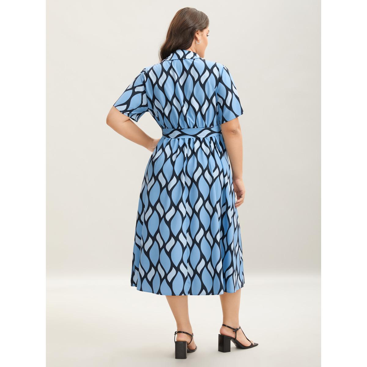 Plus Size Geometric Pattern Stretchy Waist Belted Midi Dress Multicolor Women Non Short sleeve Curvy BloomChic 18-20/2X Product Image