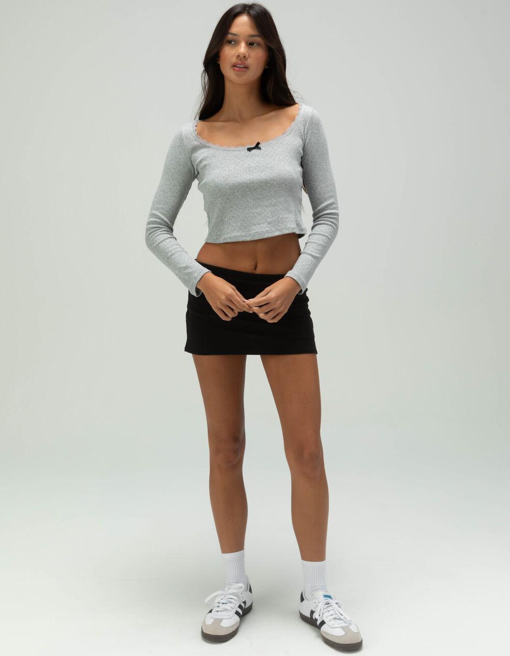 RSQ Womens Pointelle Bow Long Sleeve Top - HEATHER GRAY Product Image