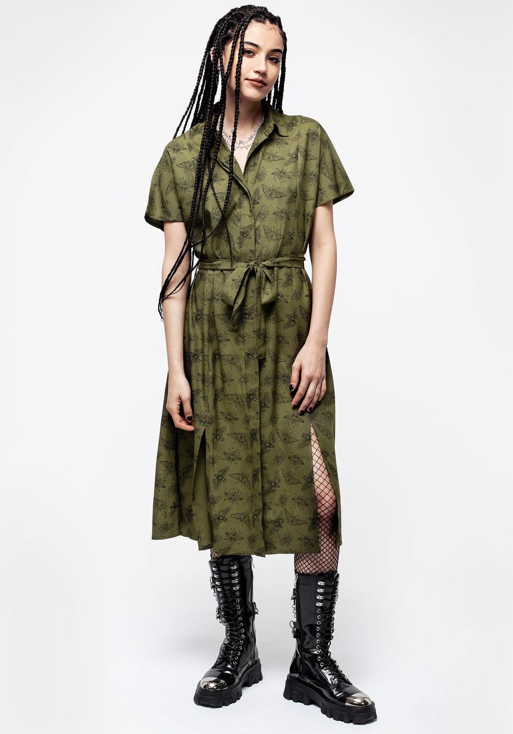 Mortmoth Print Midi Shirt Dress - Green Product Image