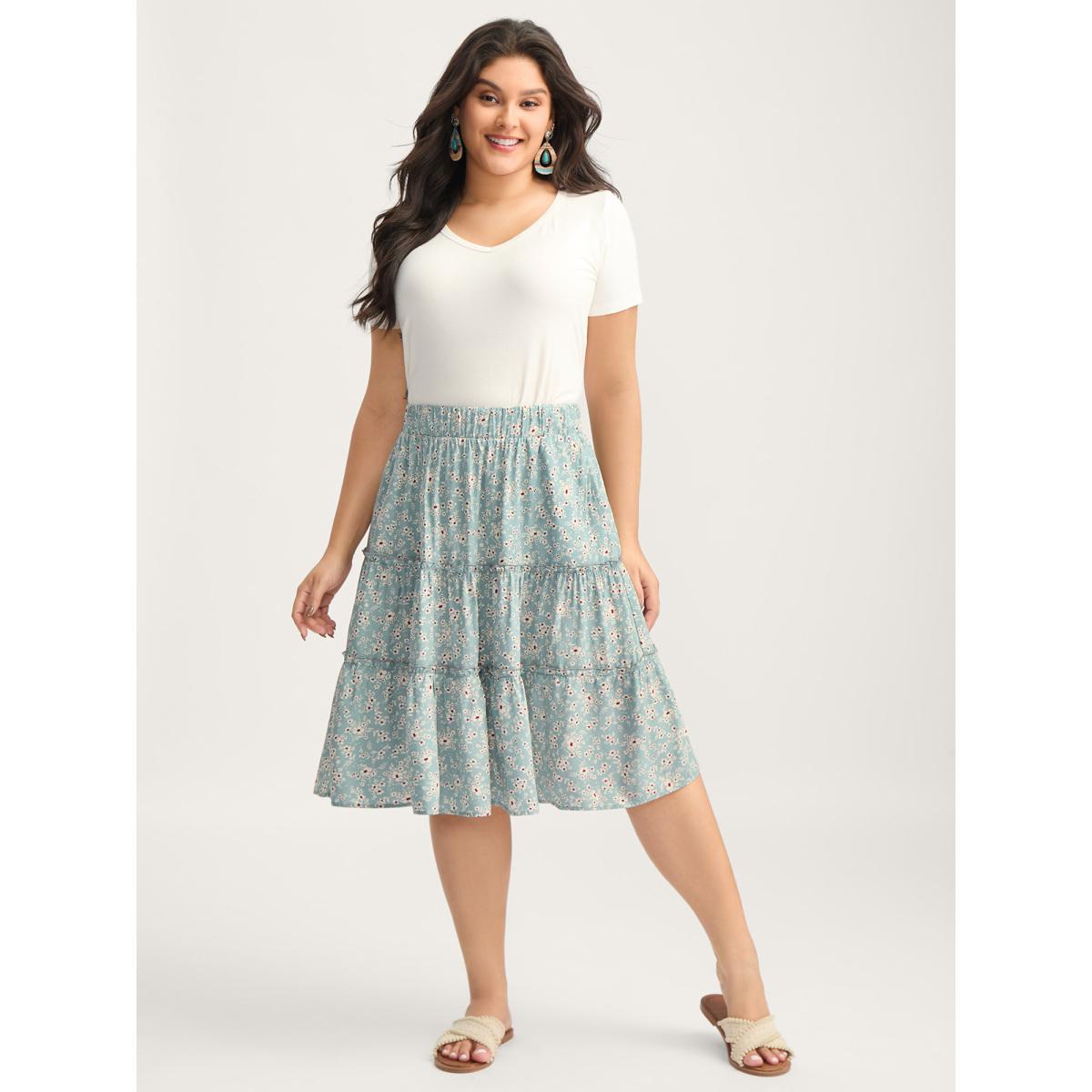 Plus Size Floral Print Stretchy Waist Tiered Midi Skirt Women Stone Loose No stretch Side seam pocket Vacation Skirts BloomChic 28/5X Product Image