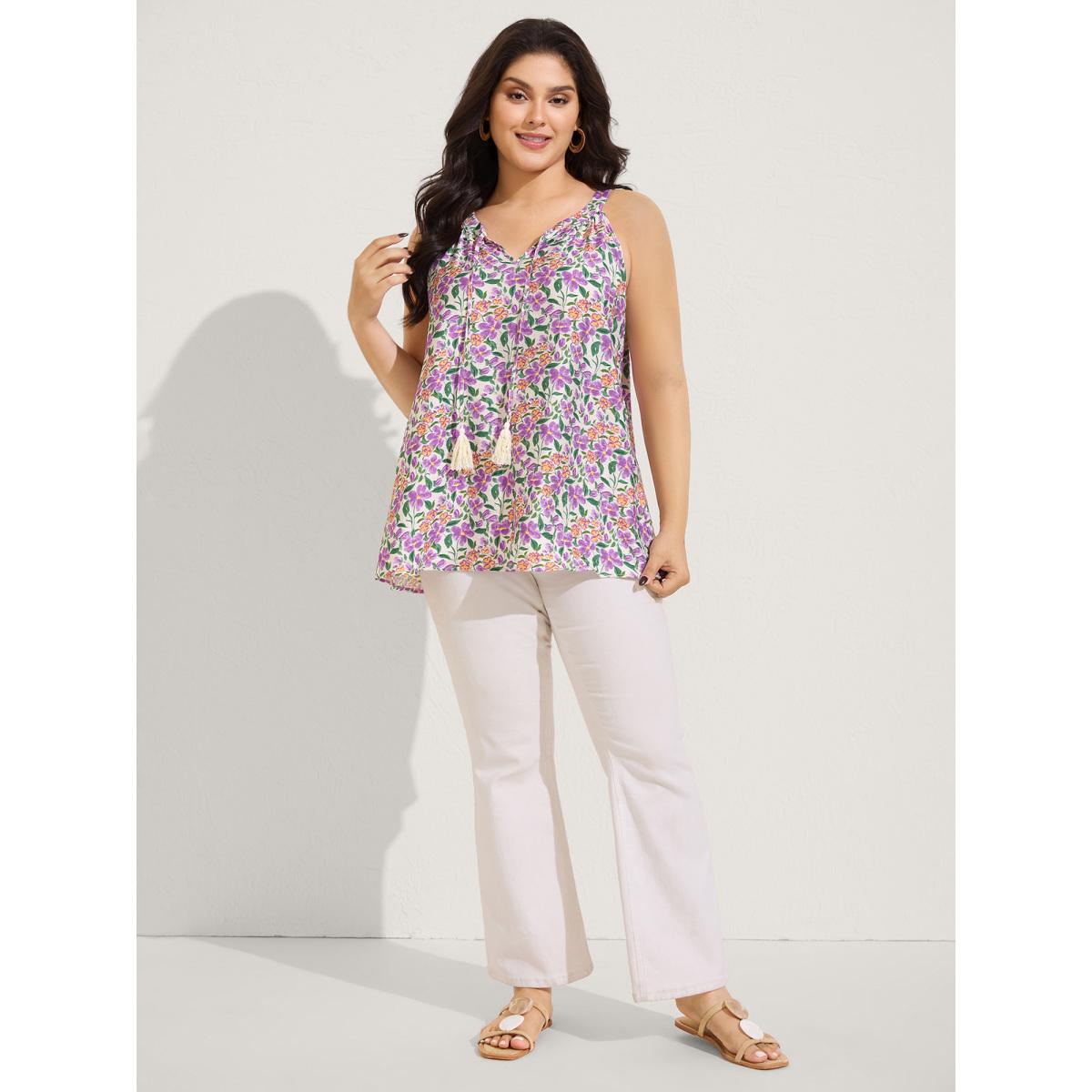 Plus Size Floral Print Neck Tassels Tank Top Women Multicolor Tie knot Round Neck Vacation Tank Tops Camis BloomChic 30/6X Product Image