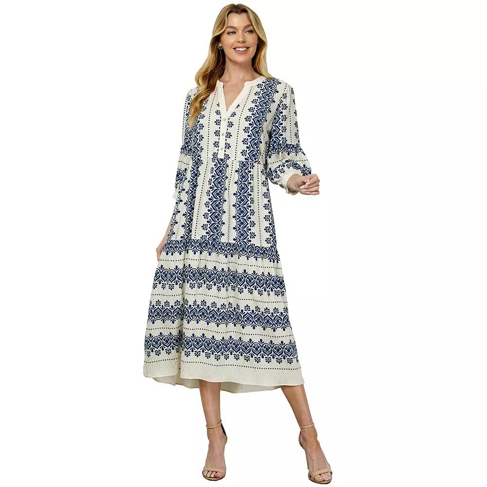 Women's Figueroa & Flower Long Sleeve V-Neck Midi Dress, Size: XL, Ivory Navy Product Image