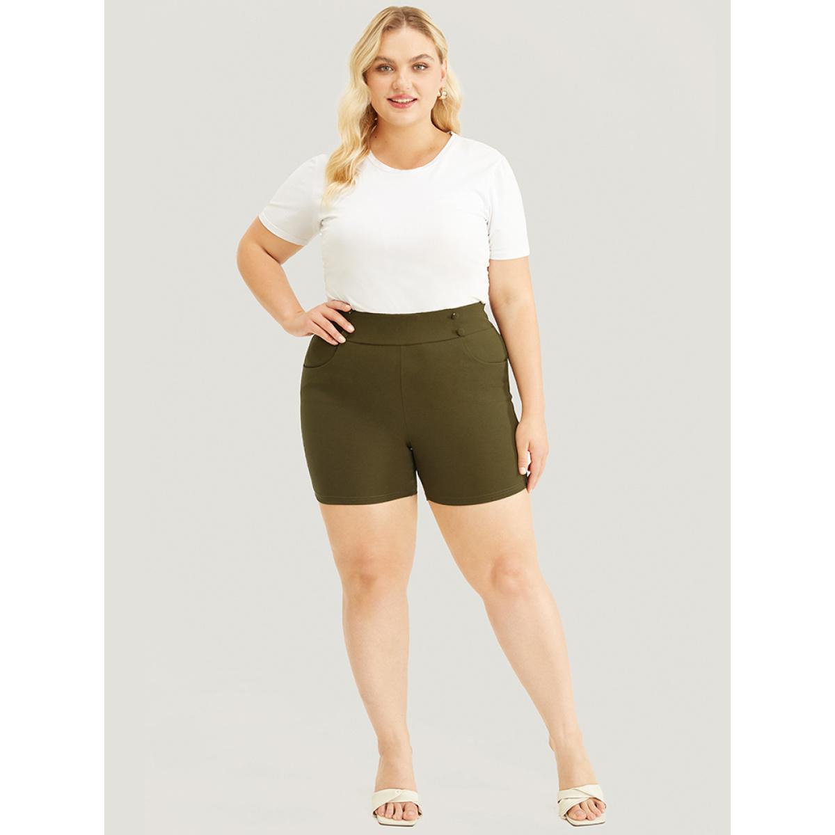 Plus Size Solid Elastic Waist Button Detail Pocket Shorts Women ArmyGreen Elegant High stretch Bodycon Mid Rise Dailywear Leggings BloomChic 22-24/3X Product Image