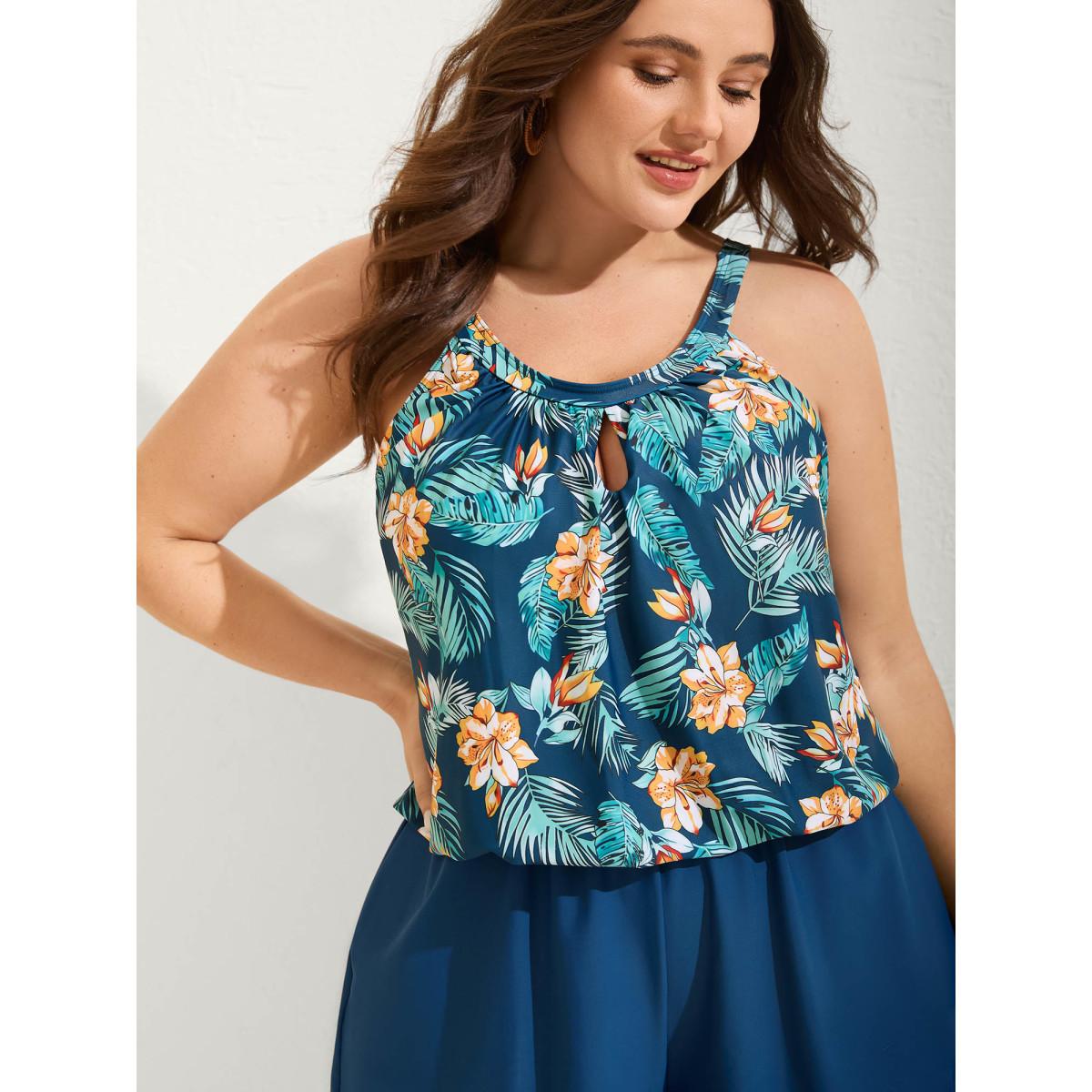 Plus Size Floral Print Keyhole Pockets Swim Romper Women's Swimwear DarkBlue Resort Curve Bathing Suits High stretch One Pieces BloomChic 30/6X Product Image