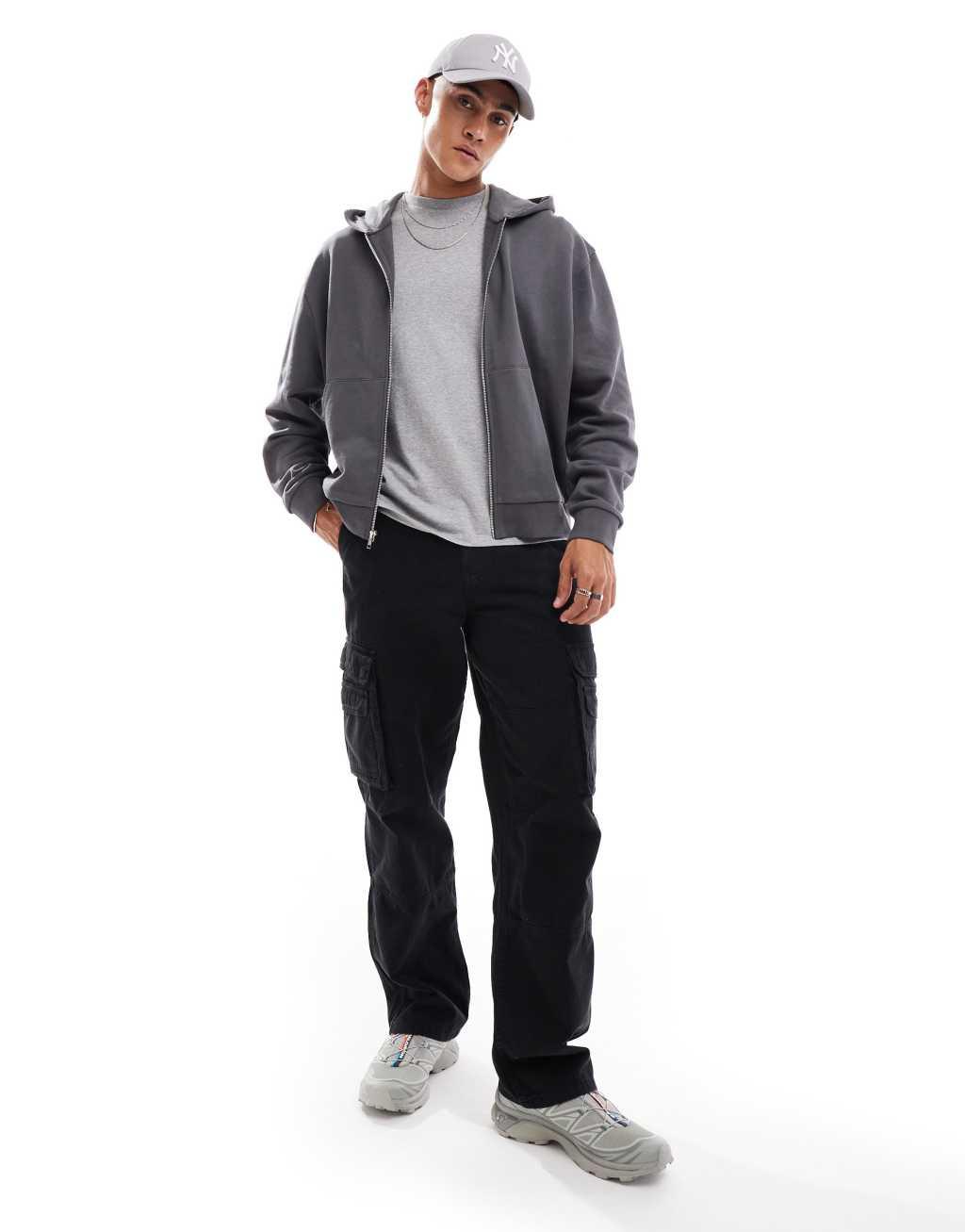 ASOS DESIGN essential boxy oversized zip through hoodie in charcoal Product Image