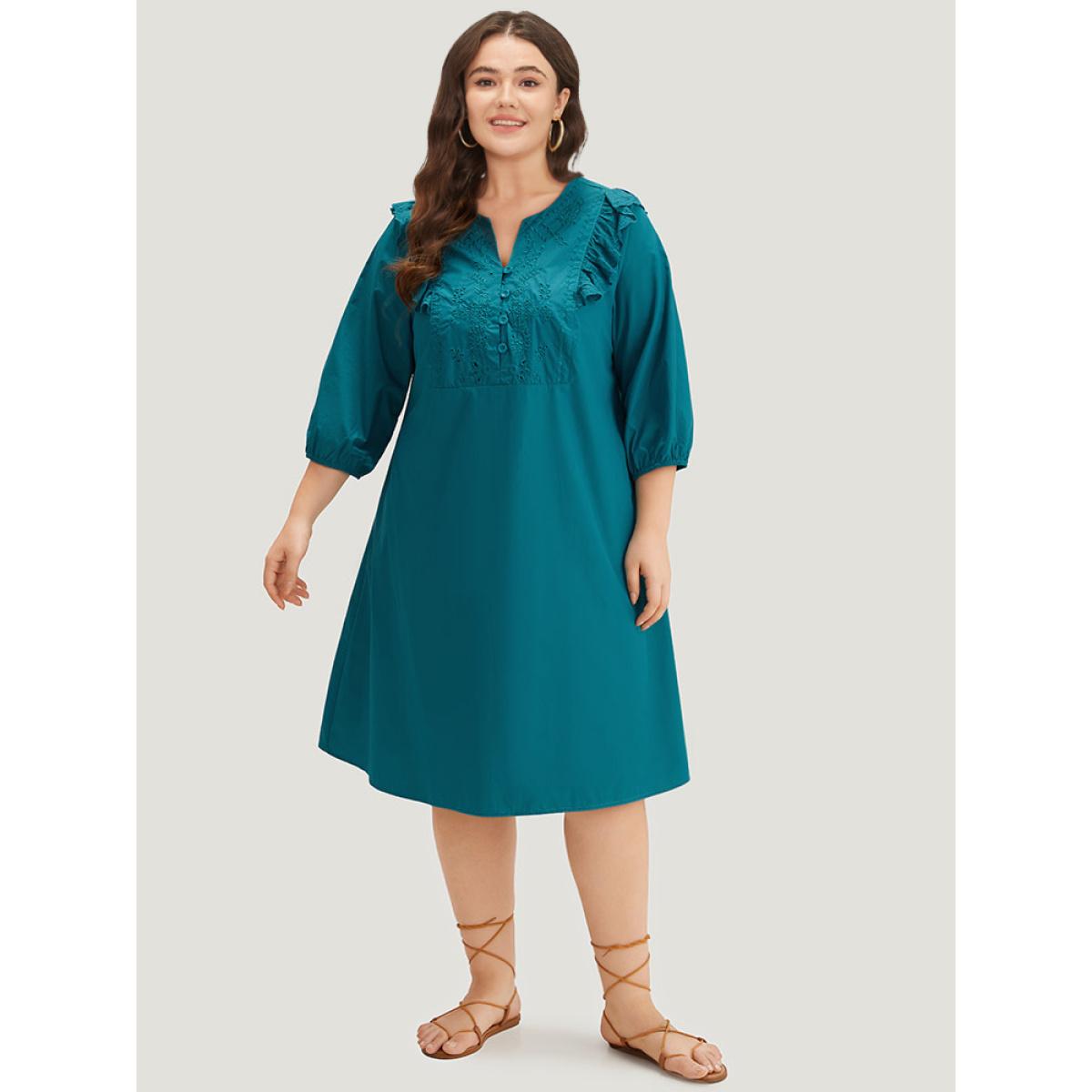 Plus Size Plain Ruffle Trim Lantern Sleeve Dress Cerulean Women Vacation Elastic cuffs Notched collar Elbow-length sleeve Curvy Midi Dress BloomChic 12/L Product Image