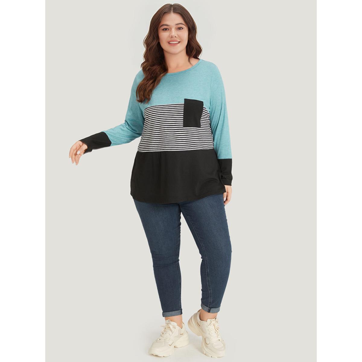 Plus Size Striped Colorblock Contrast Patchwork Crew Neck T-shirt Multicolor Women Casual Contrast Striped Round Neck Dailywear T-shirts BloomChic 10/M Product Image
