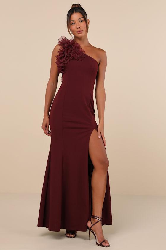 Stunning Significance Plum One-Shoulder 3D Ruffled Maxi Dress Product Image