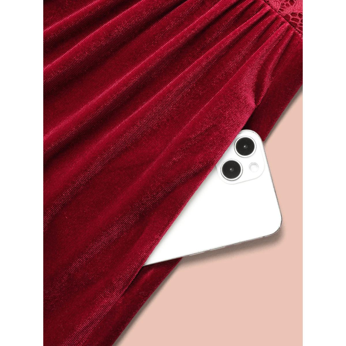 Plus Size Velvet Lace Detail Waist-Cinched Dress Scarlet Women Elegant Woven ribbon&lace trim Heart neckline Elbow-length sleeve Curvy BloomChic 10/M Product Image