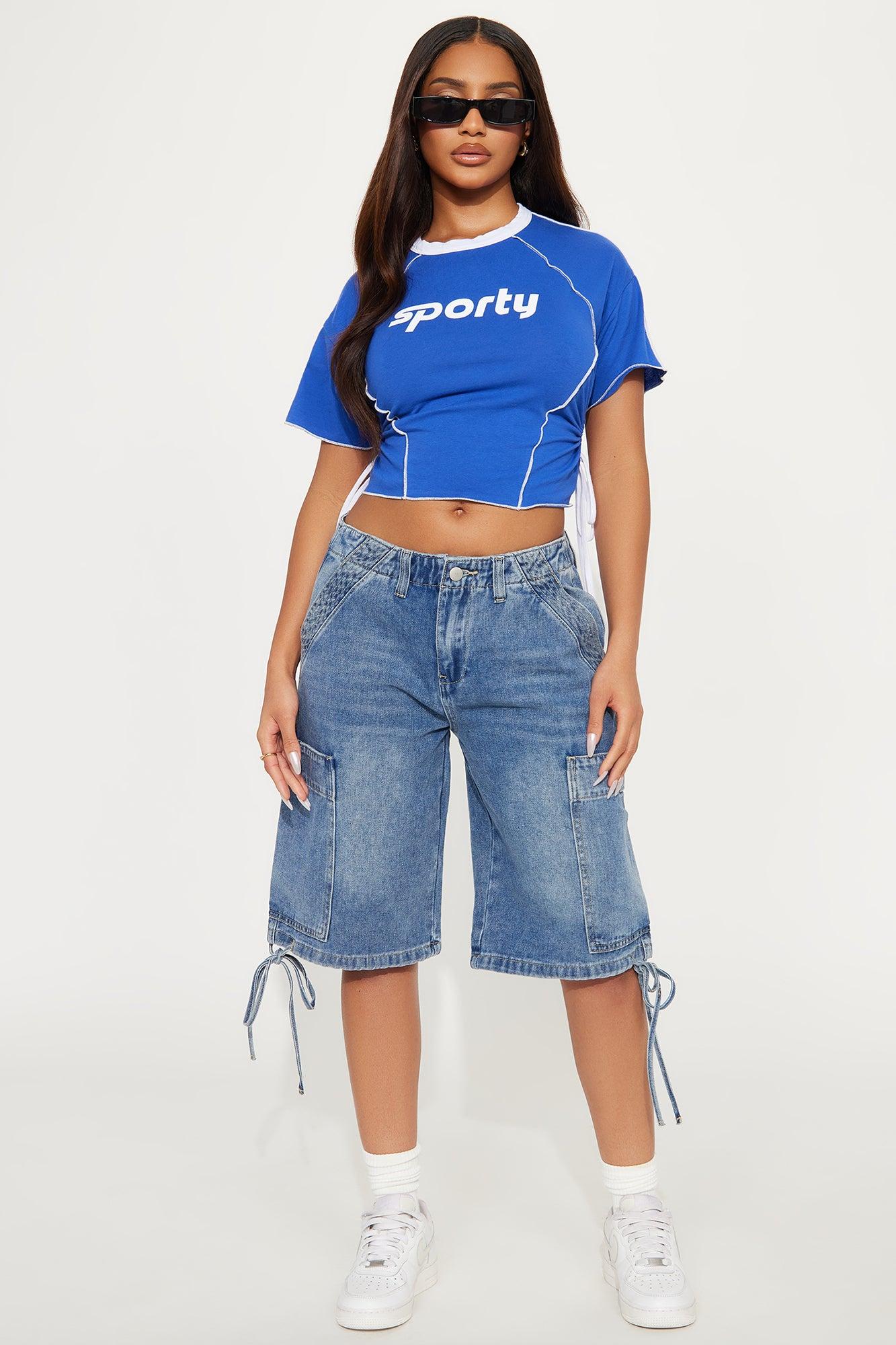 Tanaia Non Stretch Cargo Denim Jorts - Medium Wash Product Image